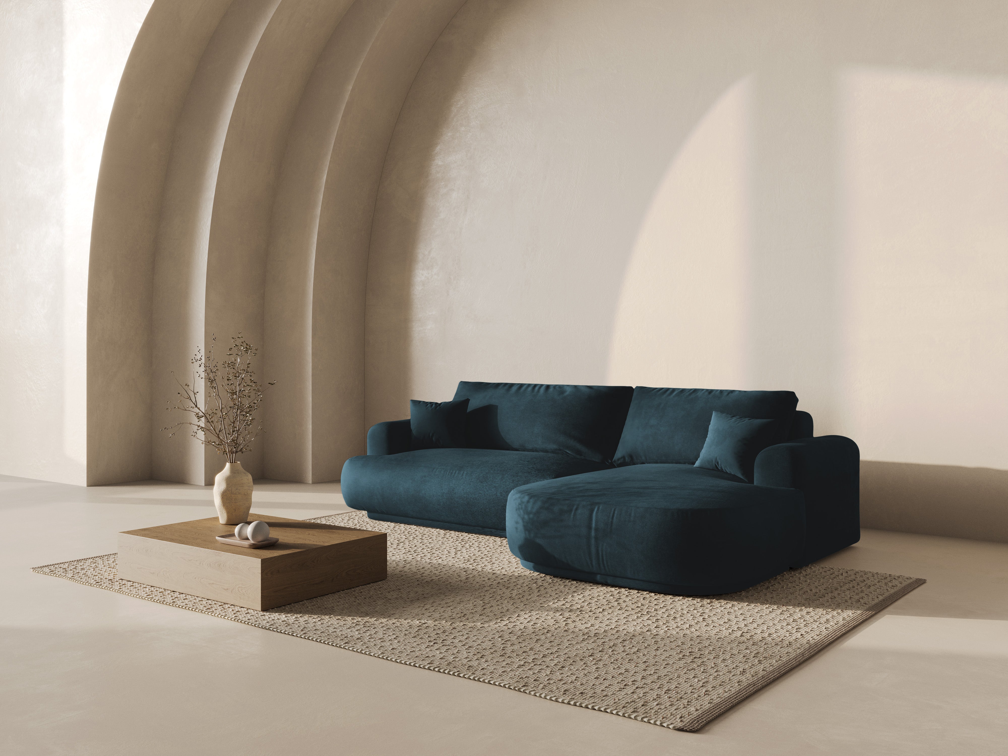 Pravostranný sametový rohový gauč s funkcí spaní ELLA granátově modrý petrol