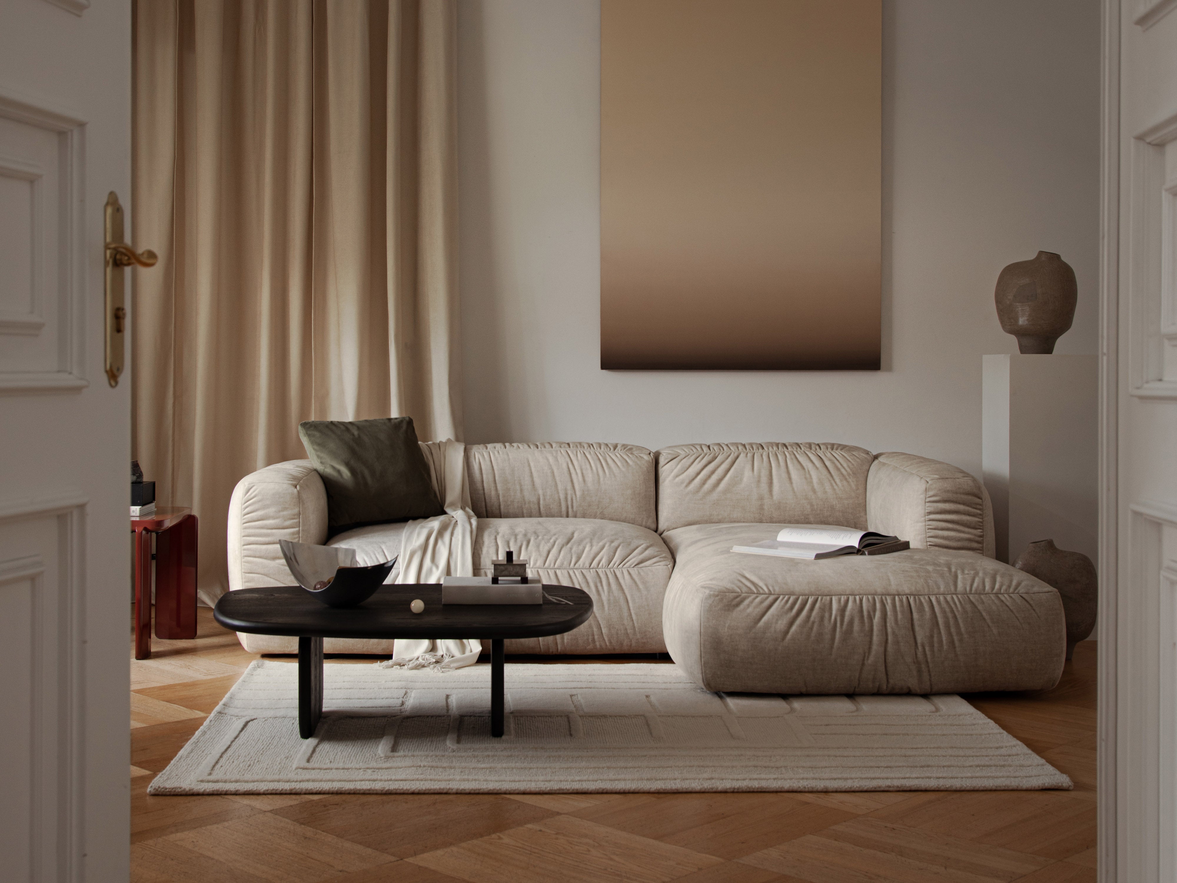 Right-facing velvet corner sofa with sleeping function MARTINA dark beige