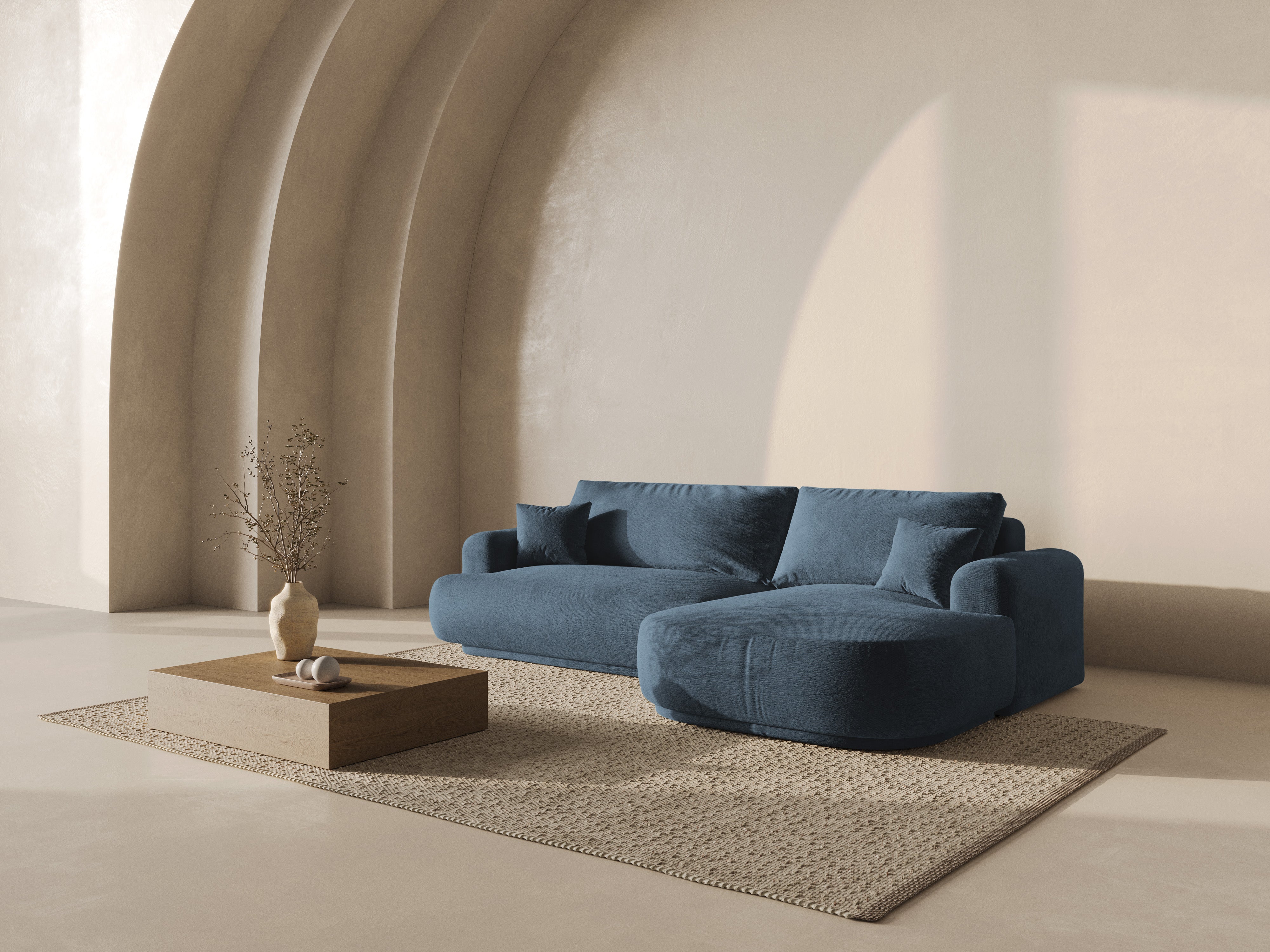 Pravostranný rohový gauč s funkcí spaní ELLA tmavě modrý