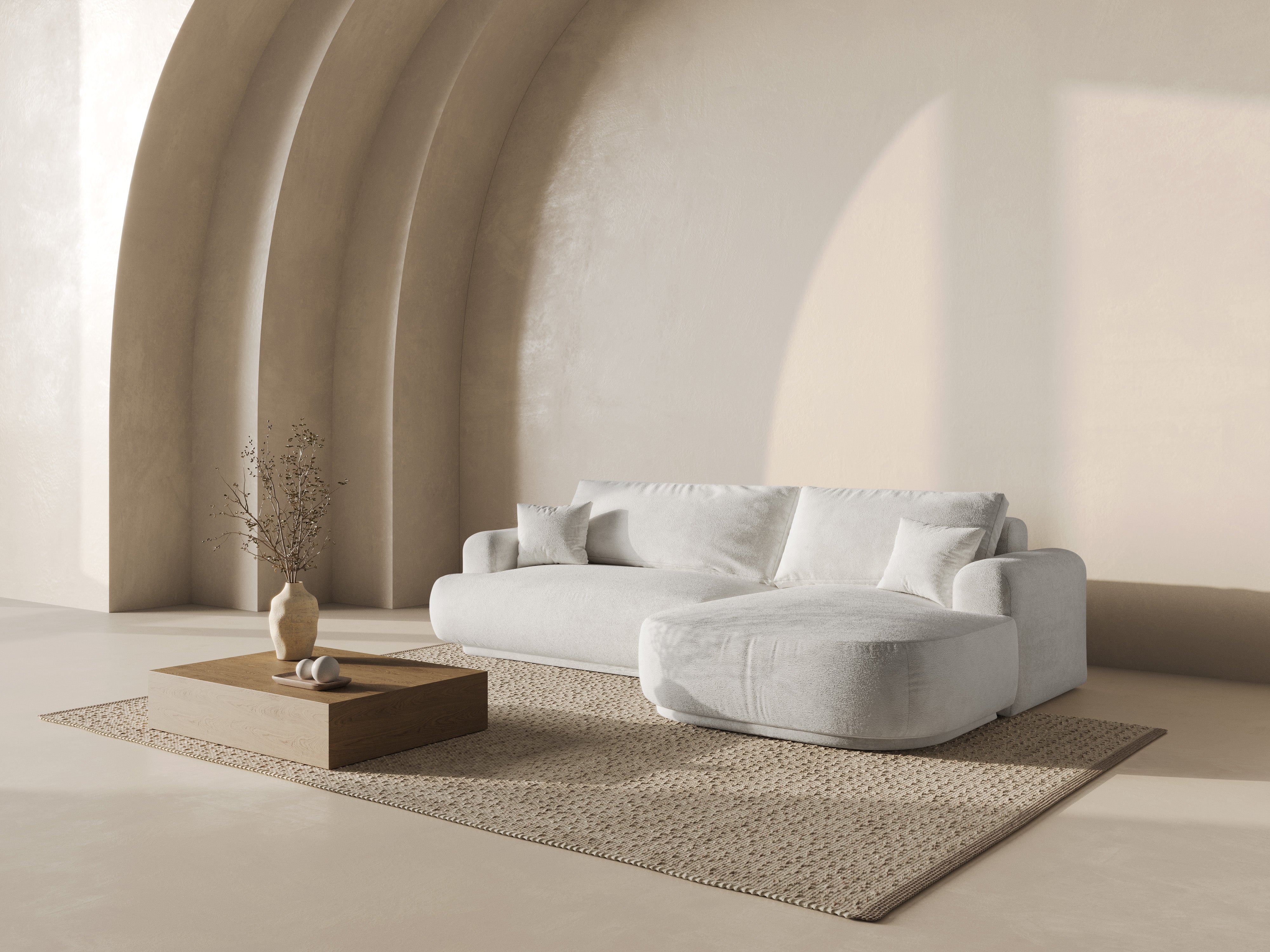 Pravostranný rohový gauč s funkcí spaní ELLA světle béžový boucle