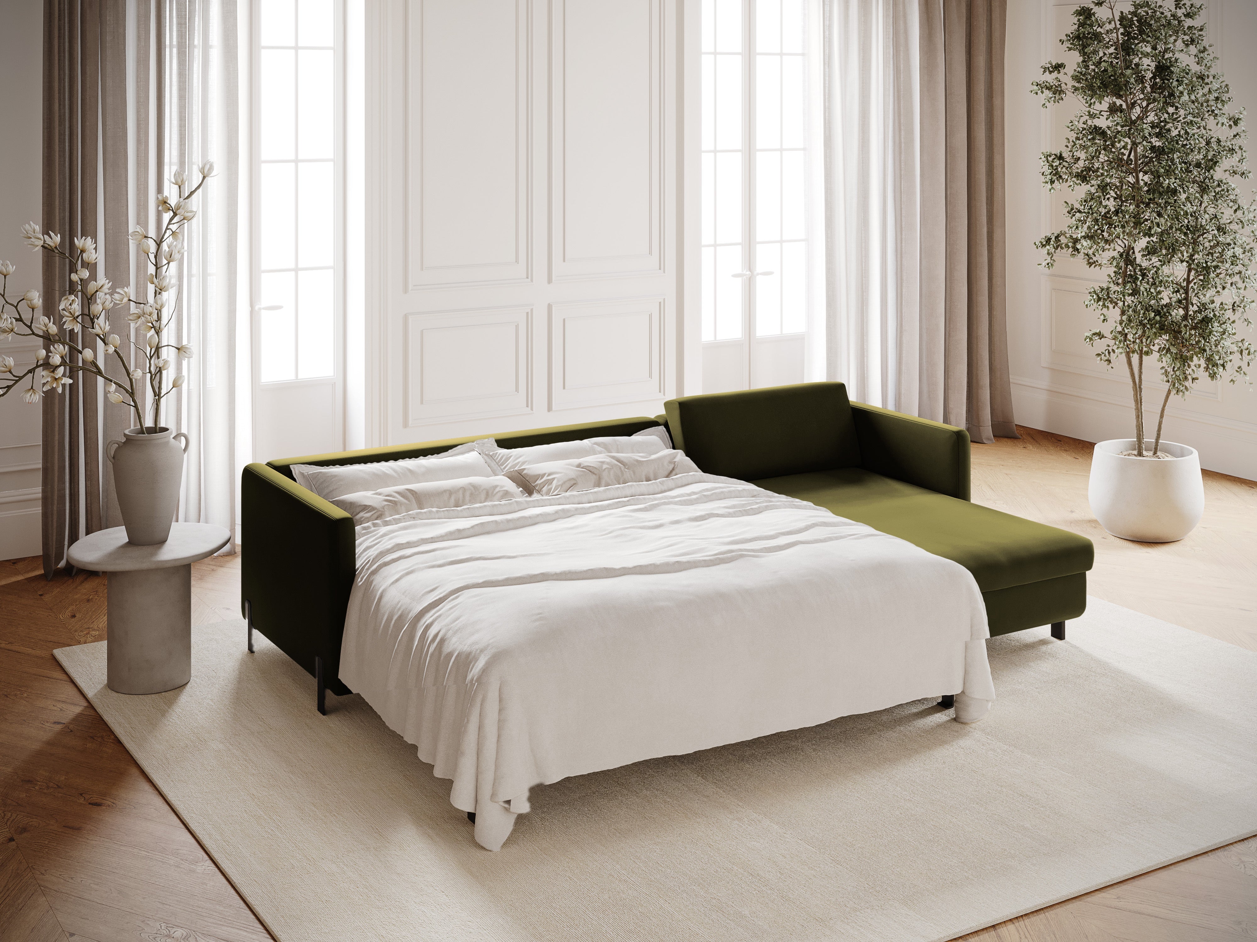 Zelený pravostranný sametový rohový gauč s funkcí spaní GLORIA