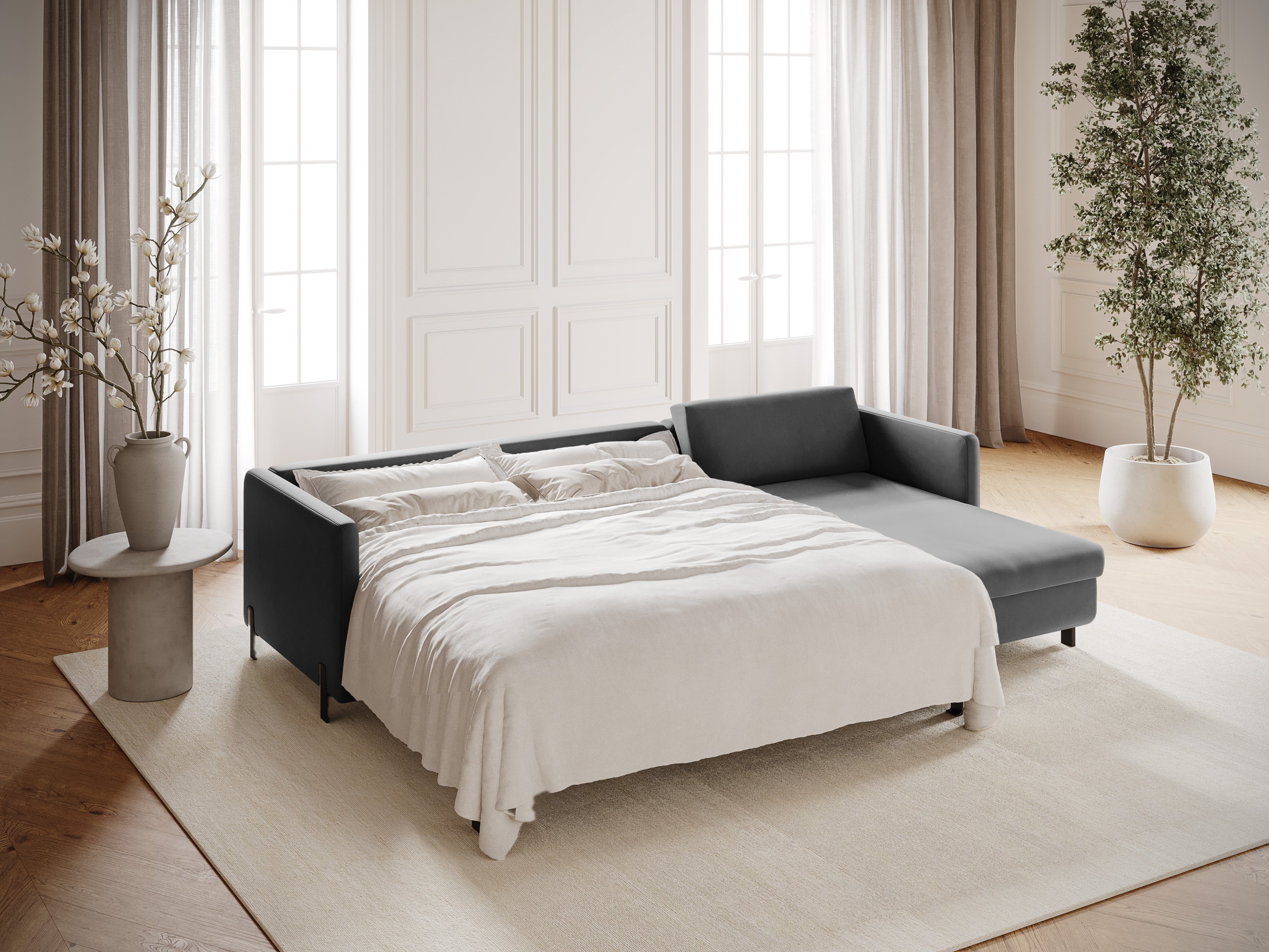 Right-facing velvet corner sofa with sleeping function GLORIA gray