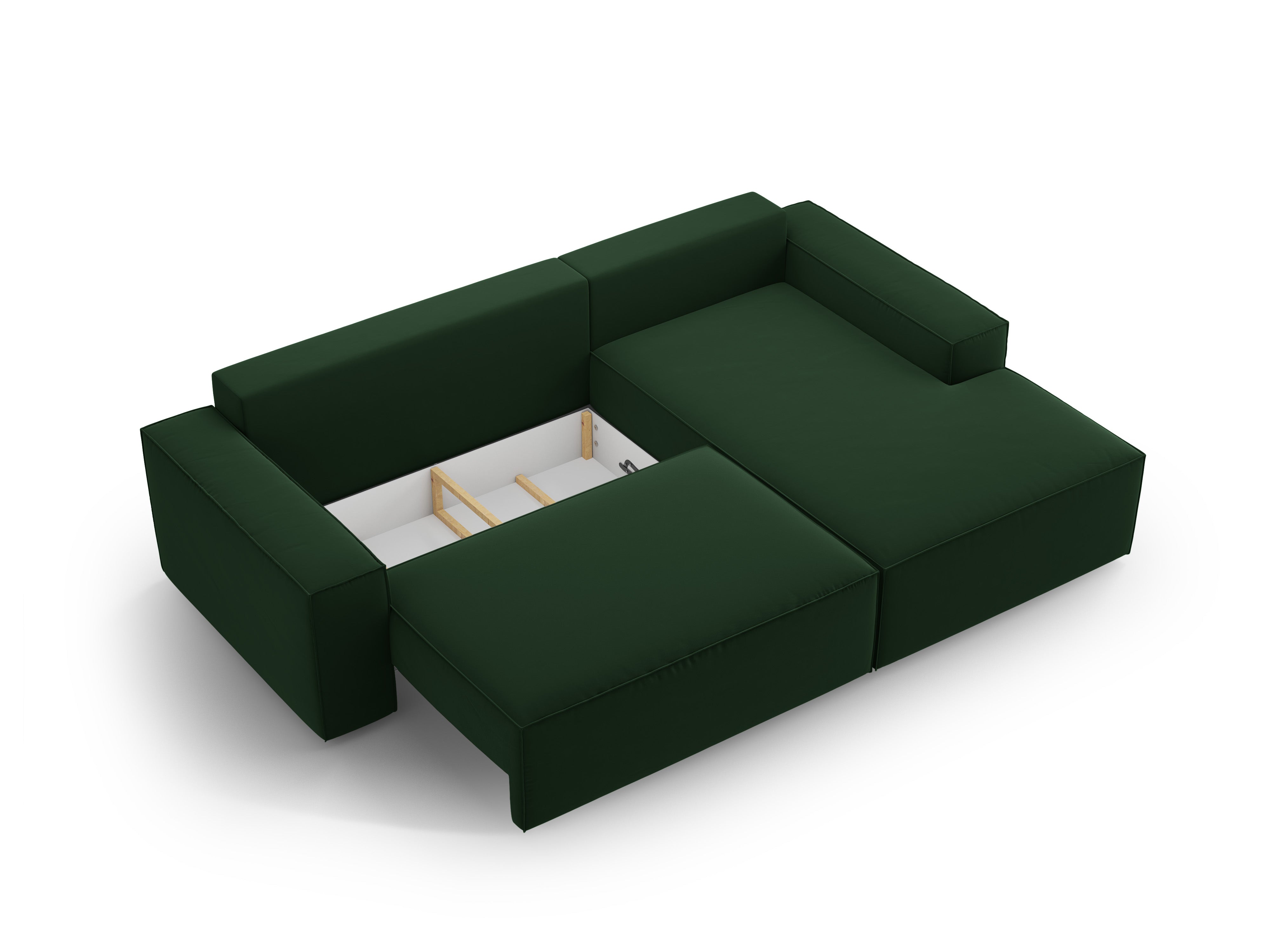 Right-facing velvet corner sofa bed JODIE in bottle green