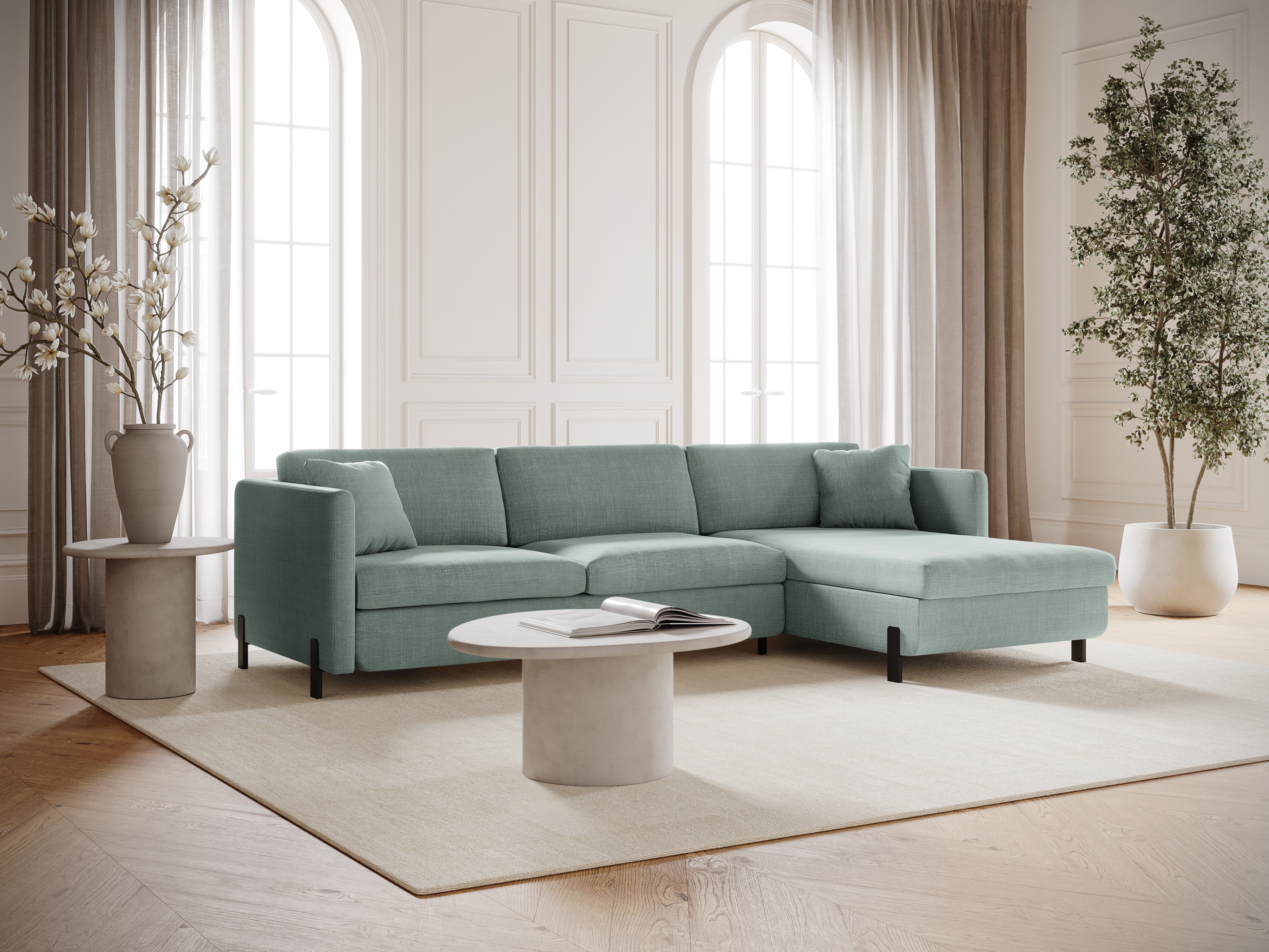 Right-sided corner sofa for 4 people with sleeping function GLORIA mint chenille