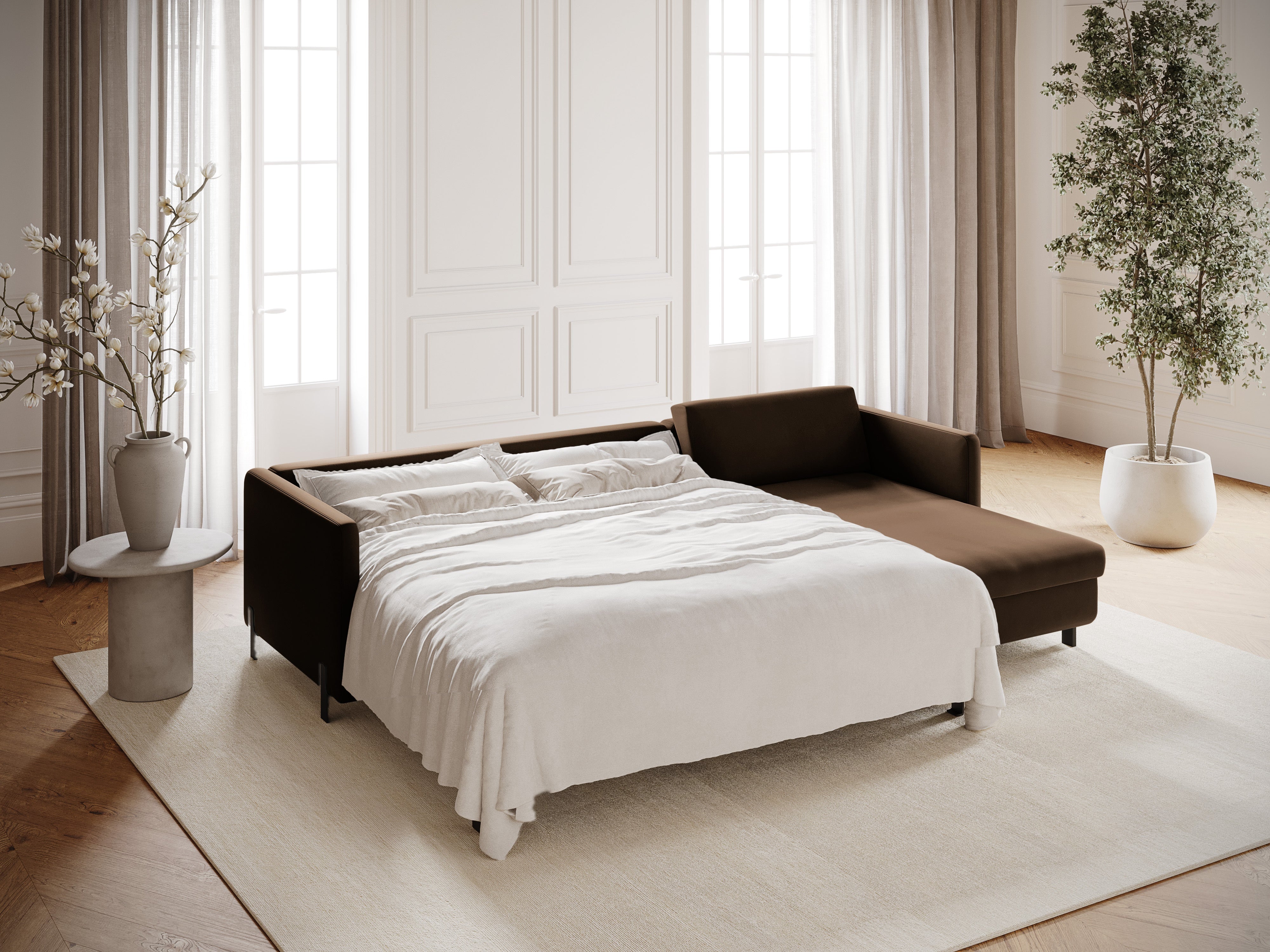 Sametový rohový gauč pravostranný pro 4 osoby s funkcí spaní GLORIA čokoládový