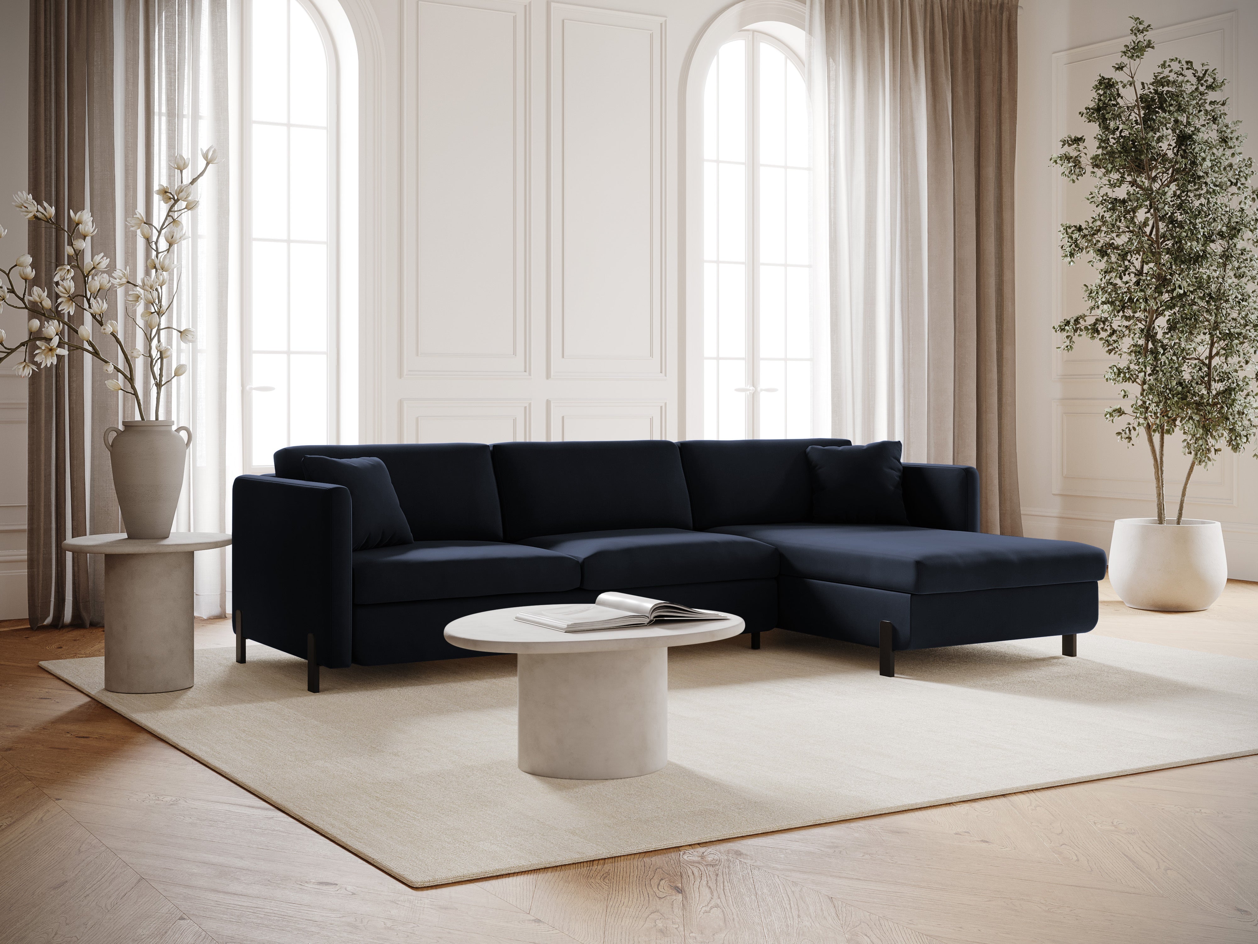 Right-facing velvet corner sofa for 4 people with sleeping function GLORIA royal blue
