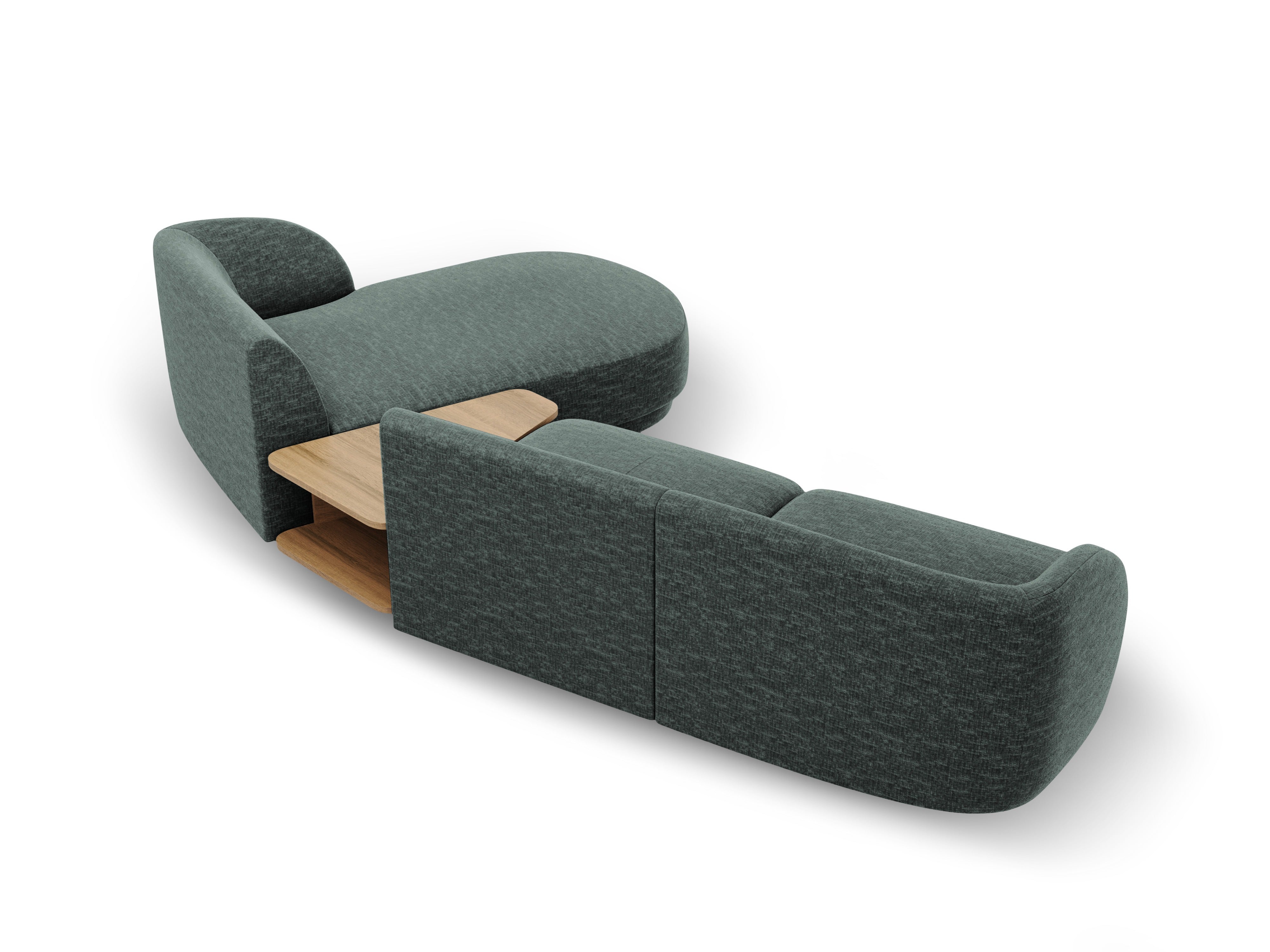 Modular corner sofa with table 3-seater right-sided MILEY petrol silky chenille