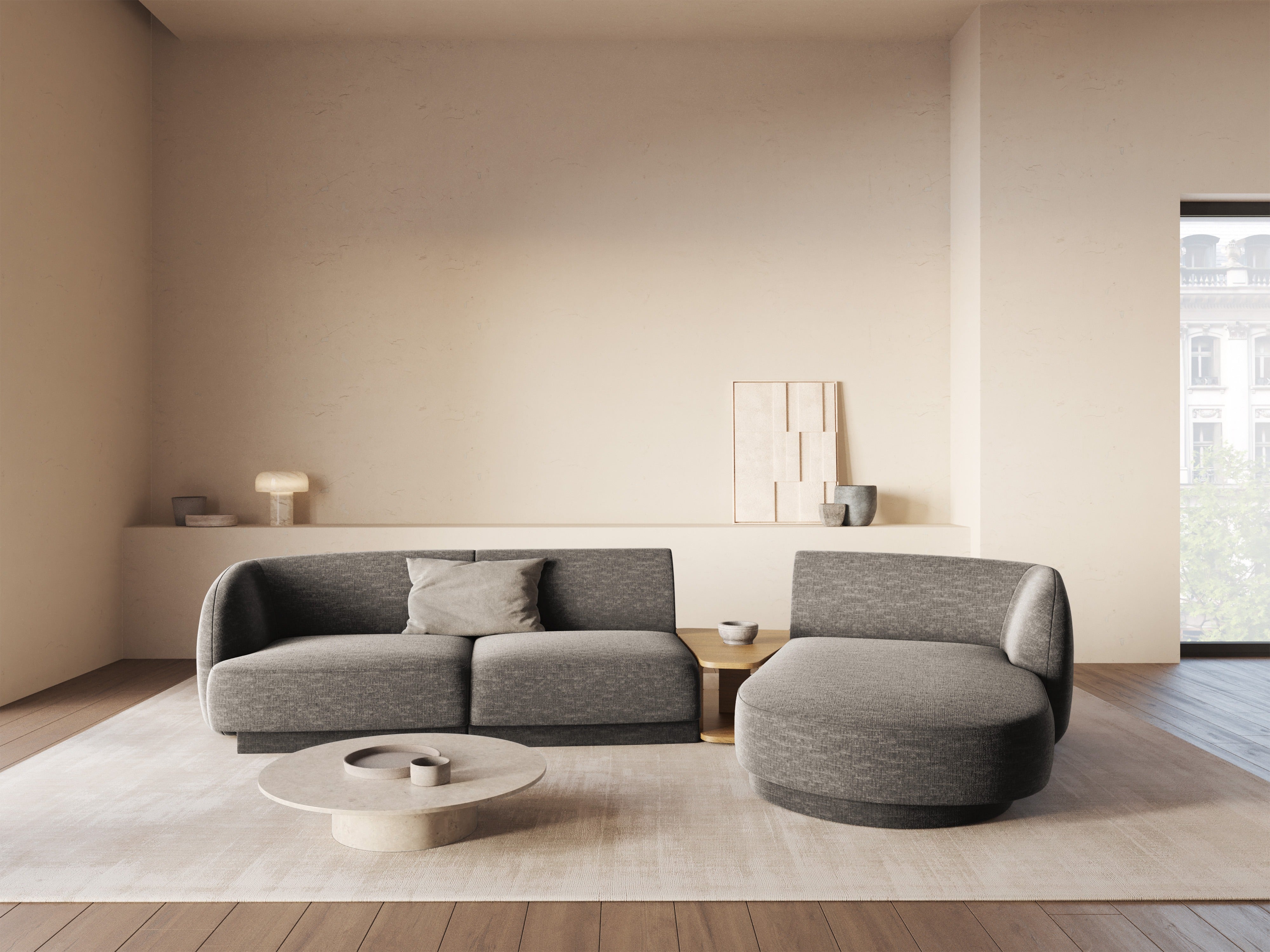 Modulární rohová sedačka se stolkem 3-místná pravostranná MILEY šedý šenil hedvábný