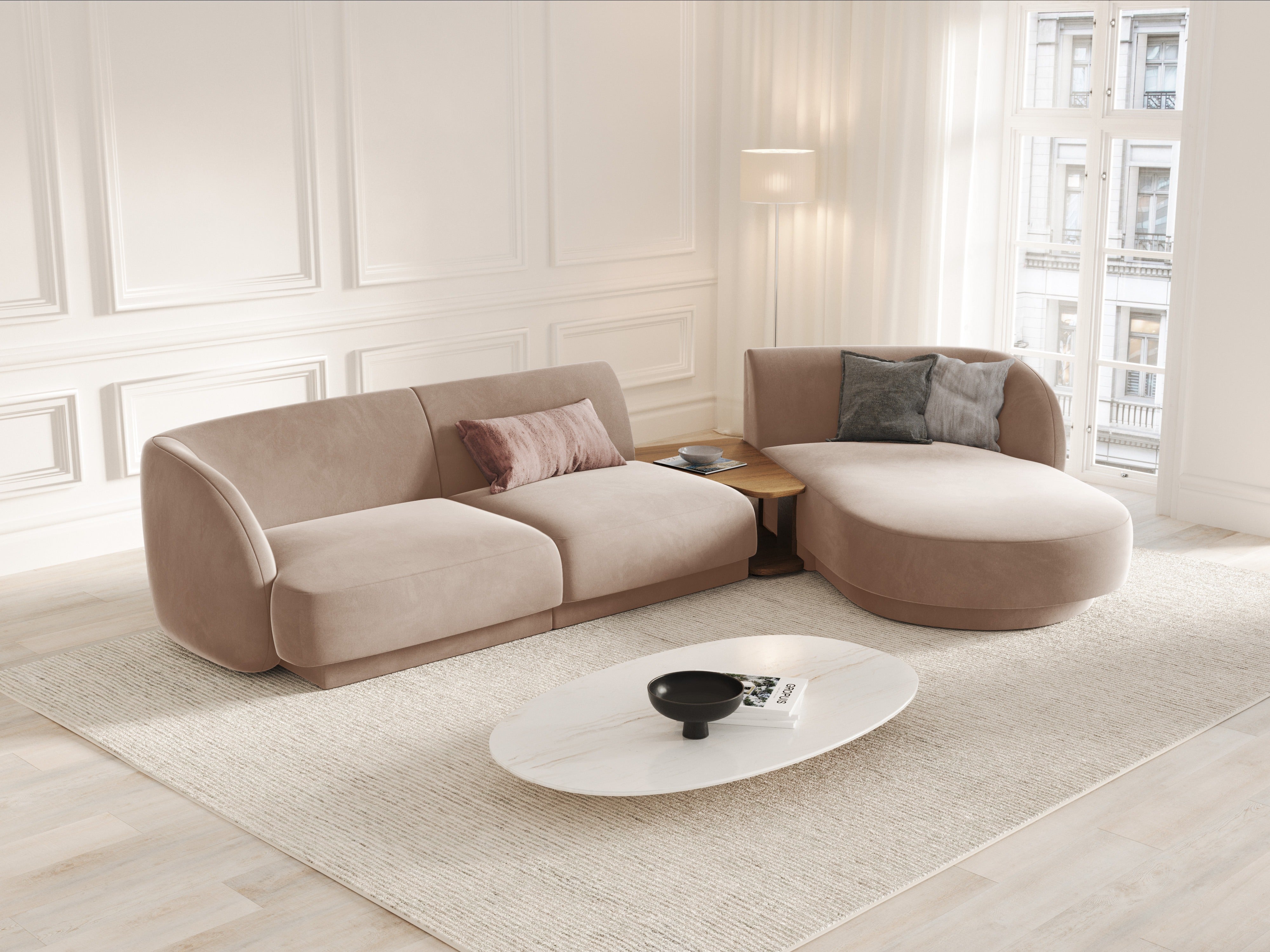 Modular corner sofa with table 3-seater right-sided velvet MILEY cappuccino
