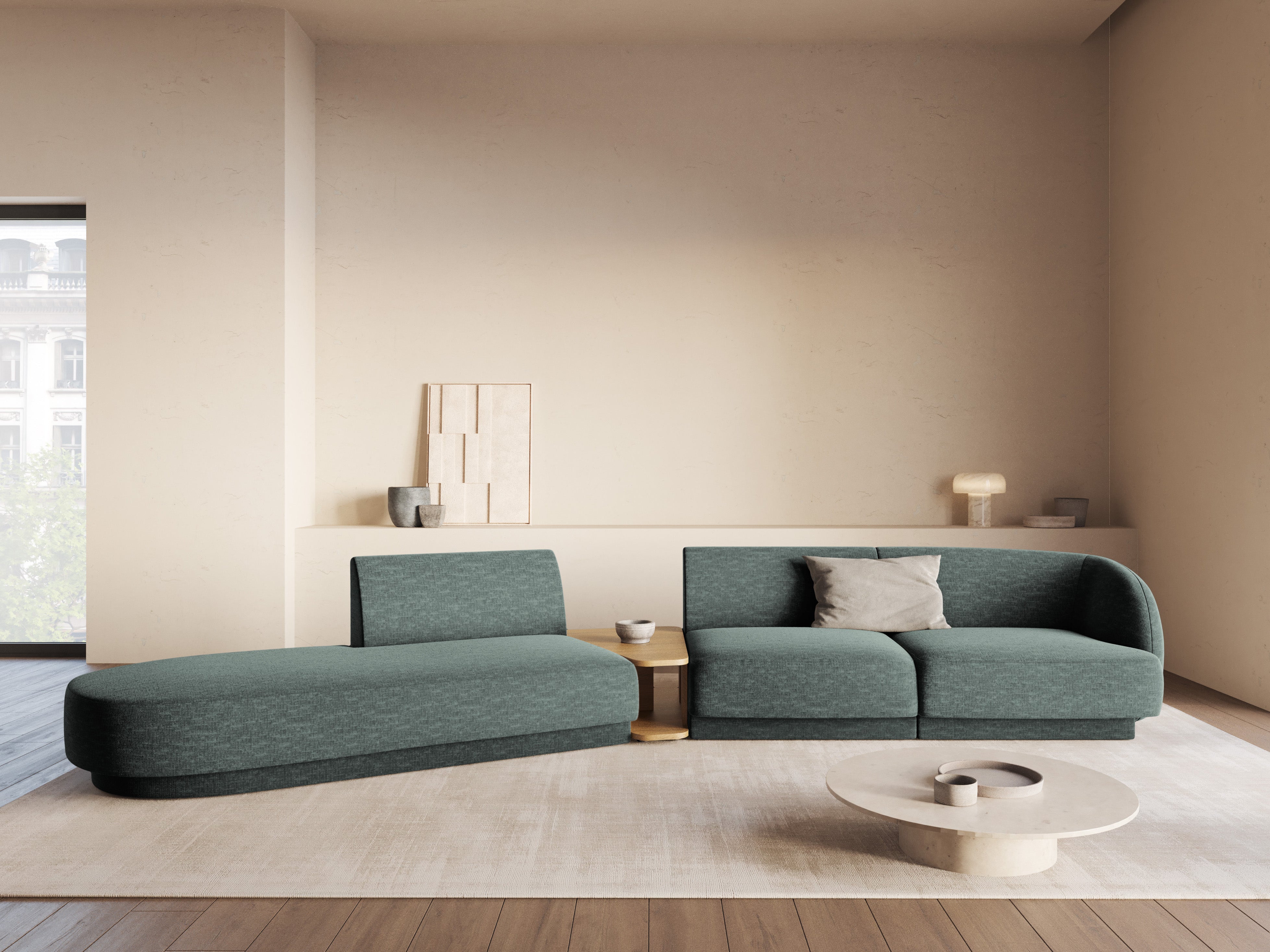 Left-sided modular sofa with table for 4 people MILEY petrol silky chenille