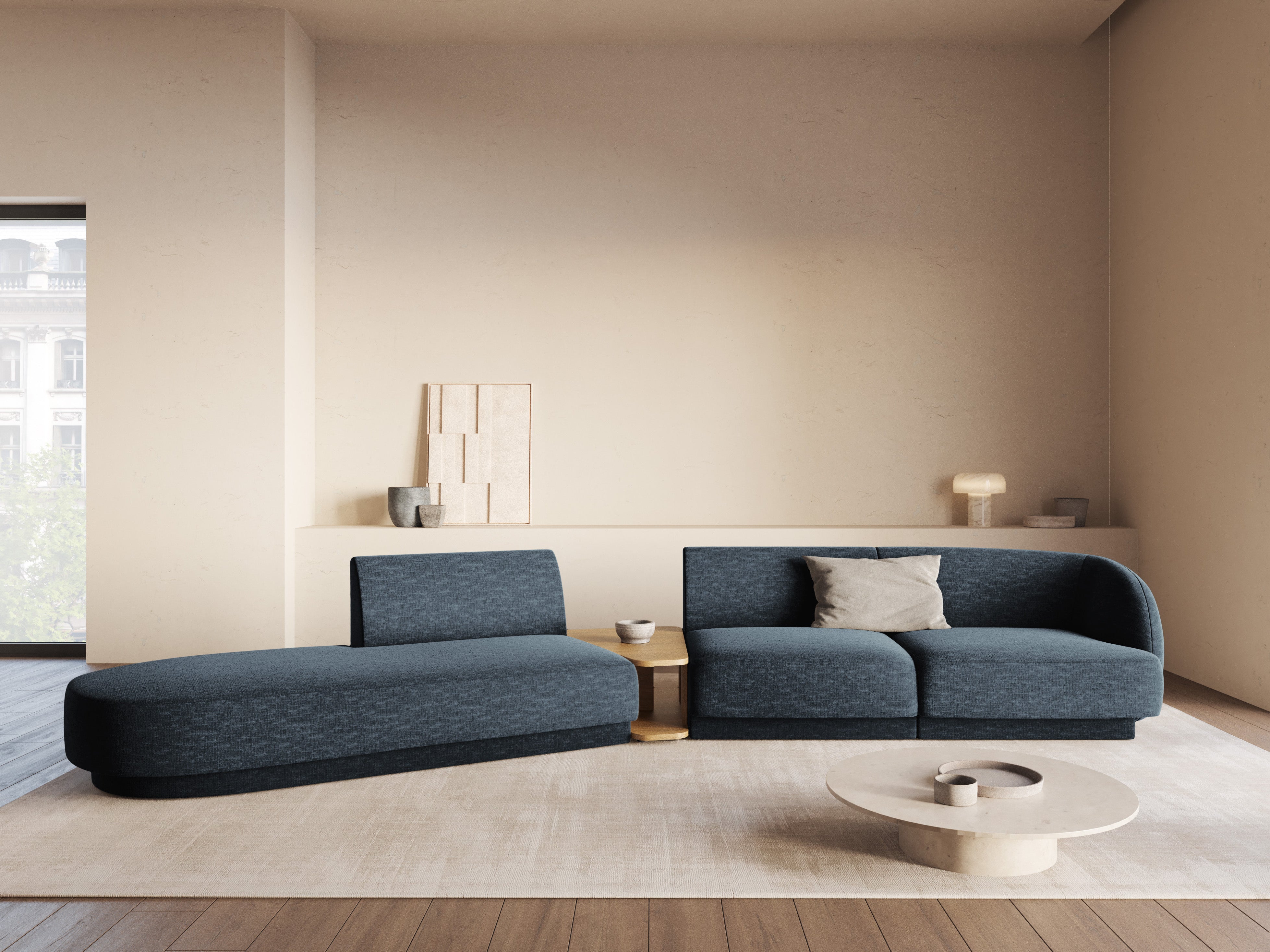 Left-facing modular sofa with table for 4 people MILEY royal blue silky chenille