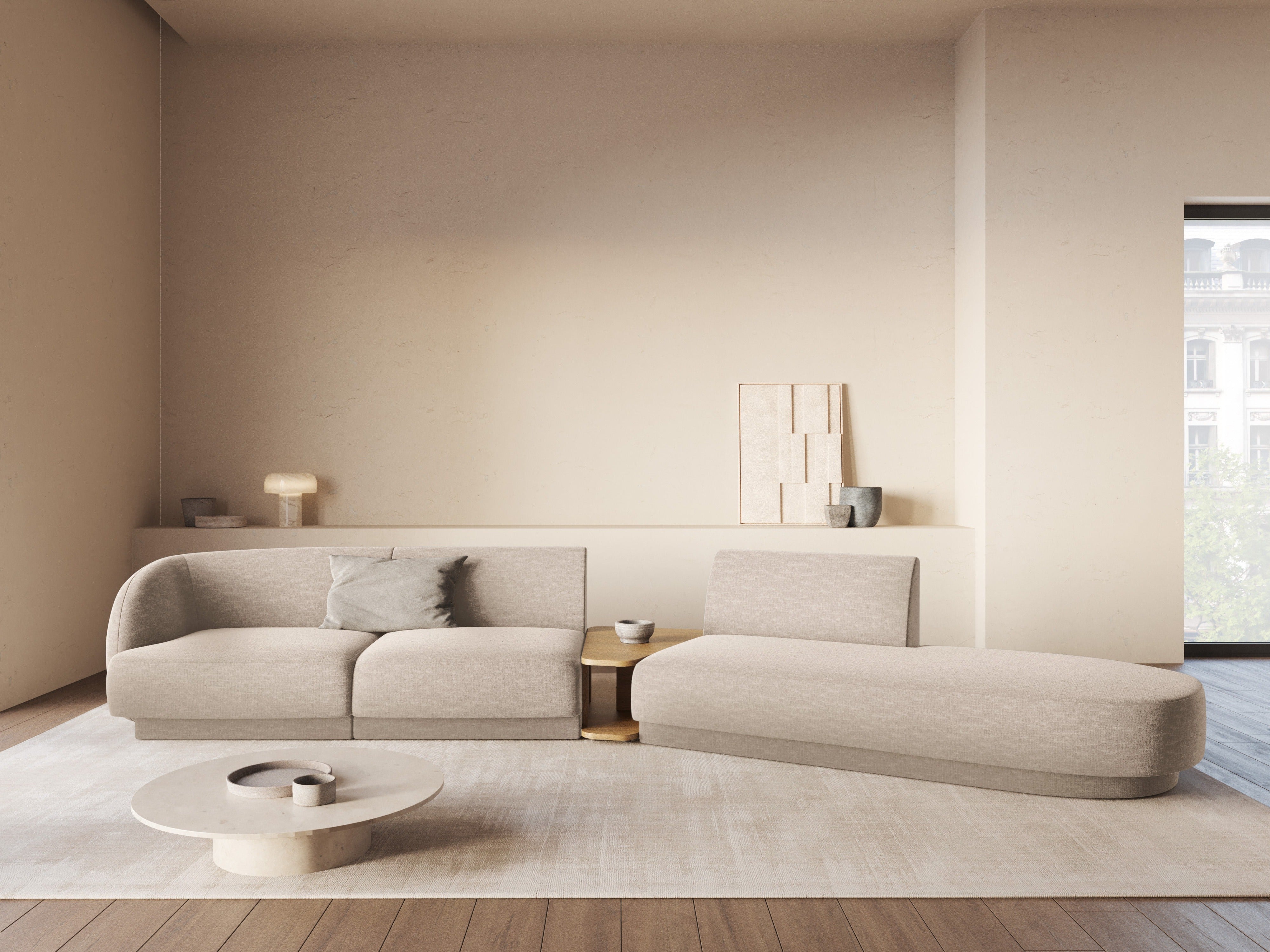 Right-facing modular sofa with table for 4 people MILEY beige chenille