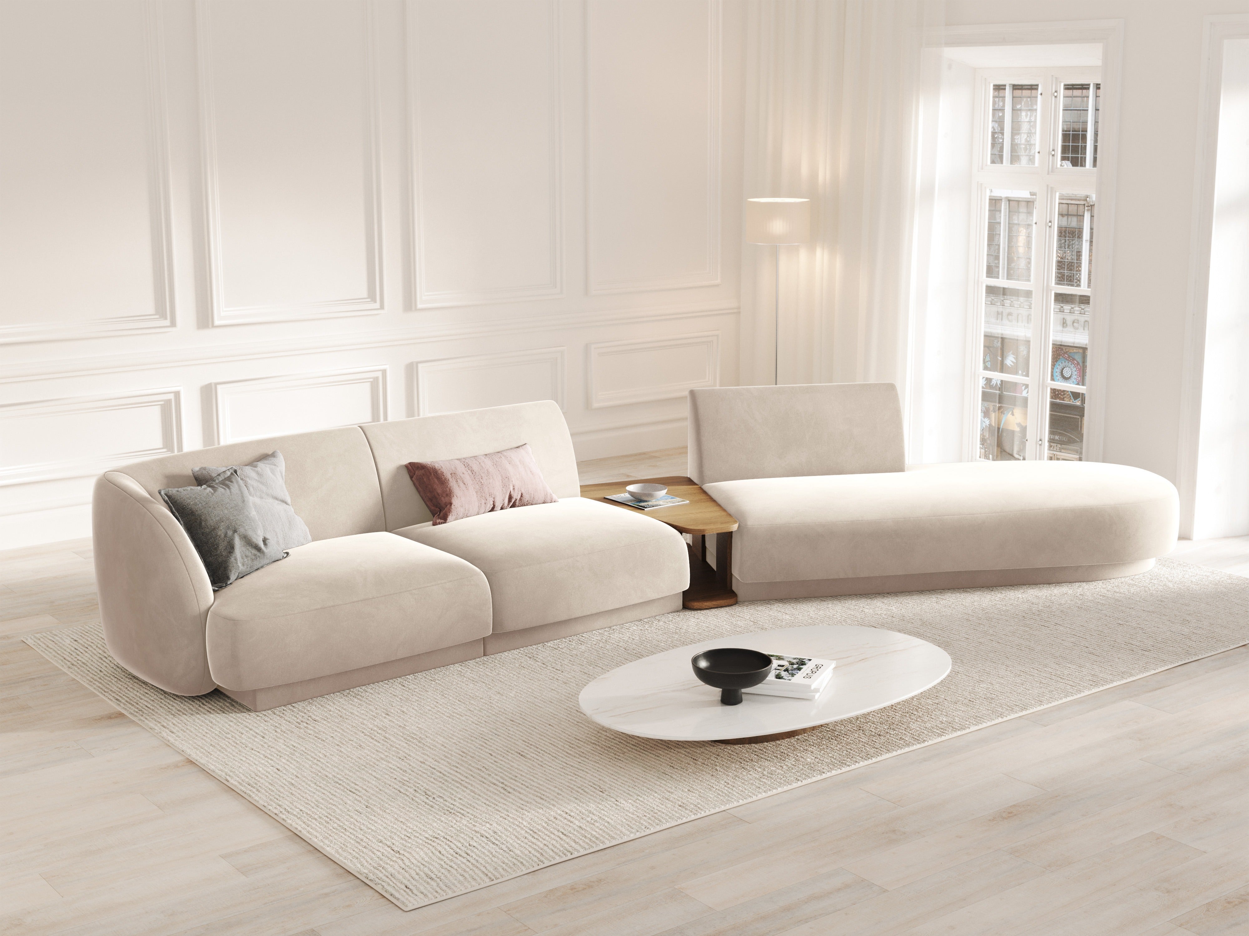 Right-facing modular sofa with table for 4 people MILEY beige boucle