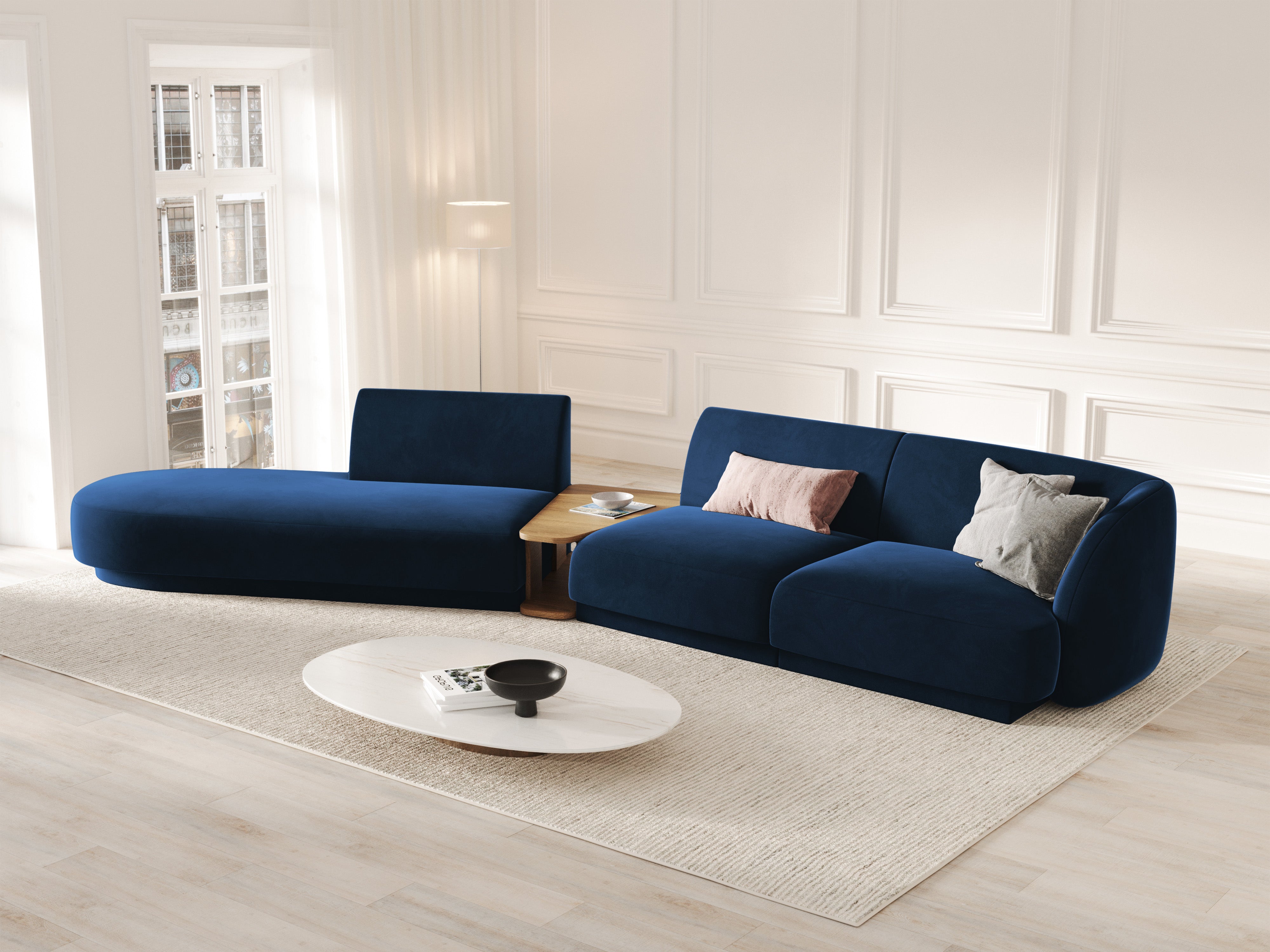 Left-sided modular sofa with table for 4 people in royal blue velvet MILEY