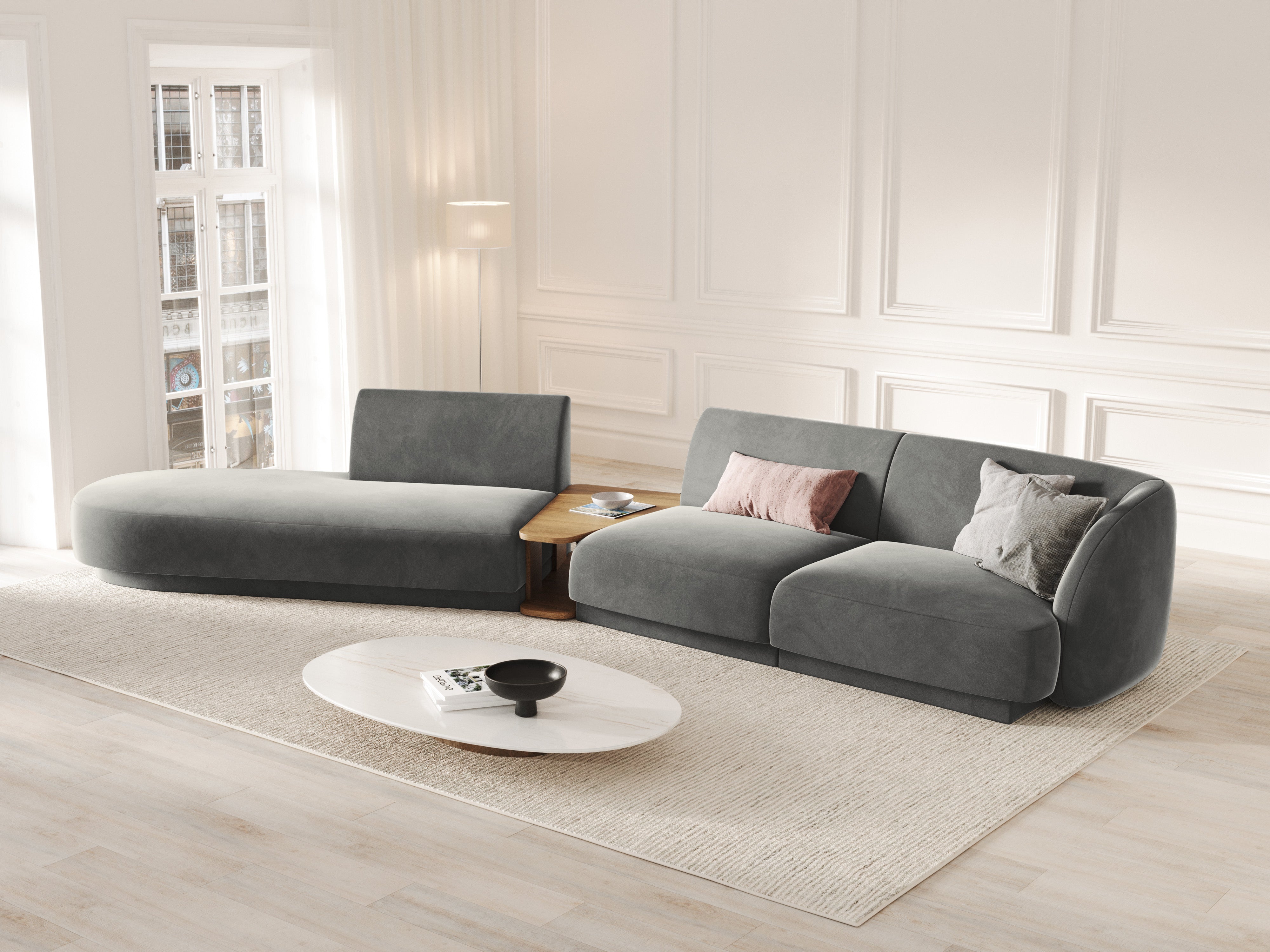 Left-sided modular sofa with table for 4 people, velvet MILEY light gray
