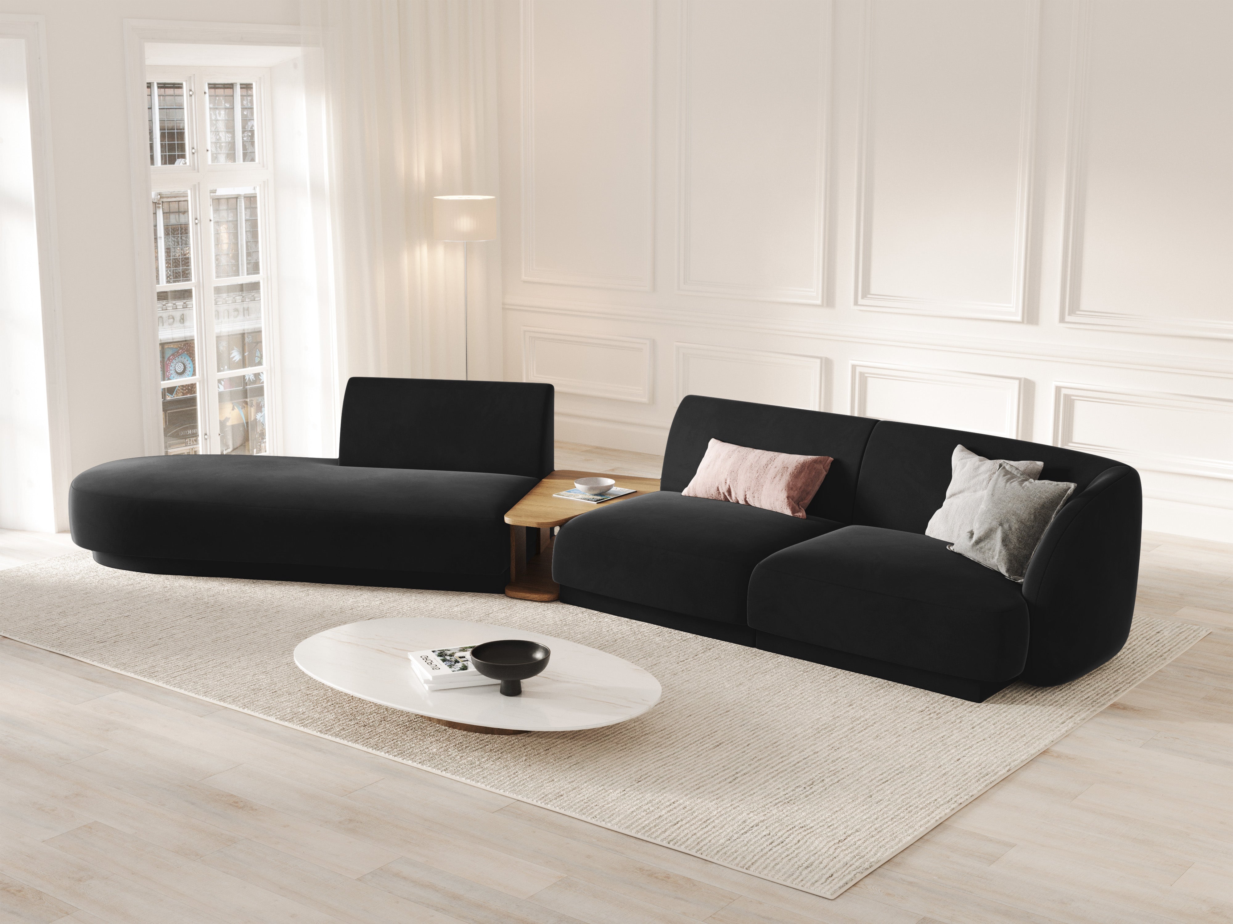 Left-sided modular sofa with table for 4 people, velvet MILEY black