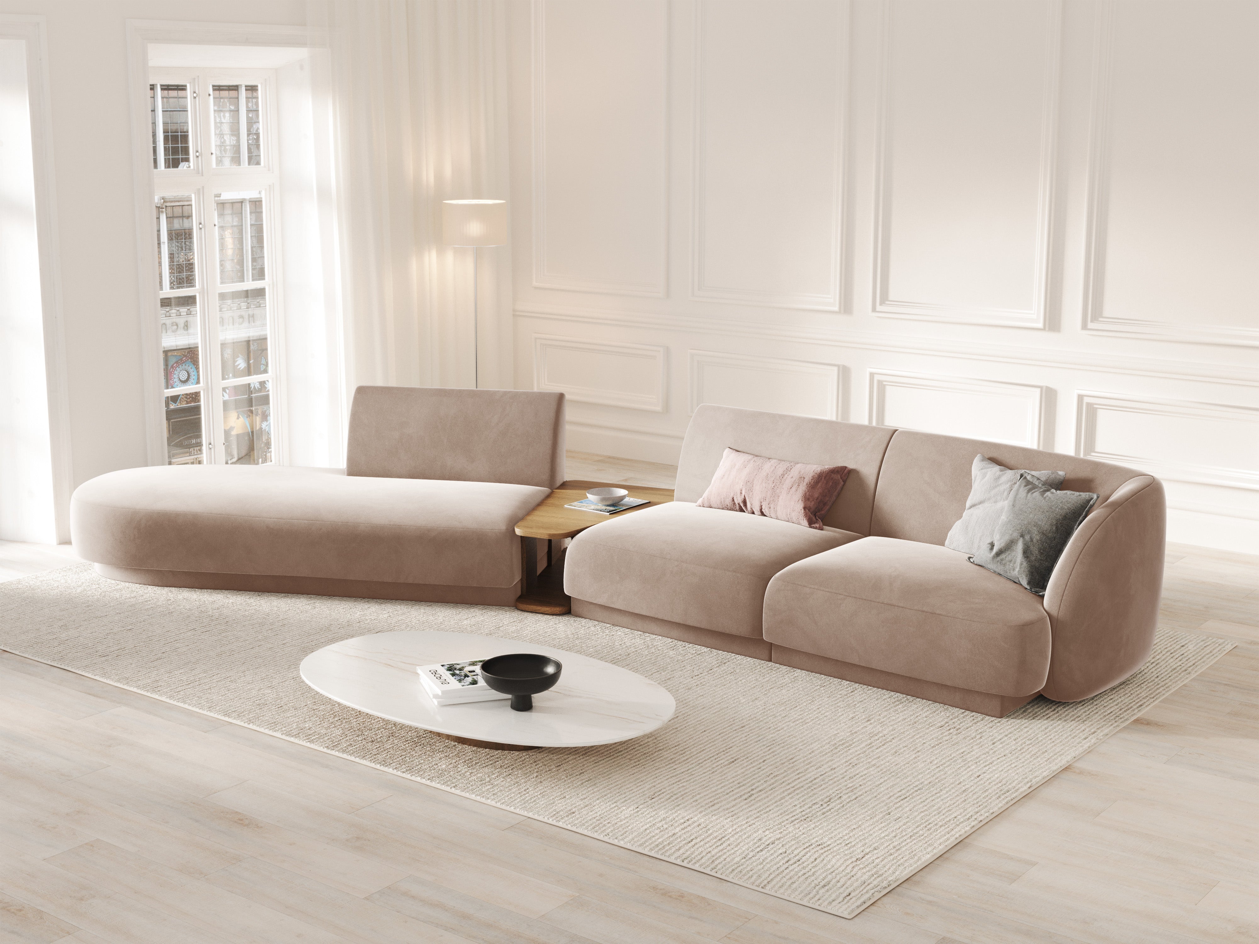 Left-sided modular sofa with table for 4 people in velvet MILEY cappuccino