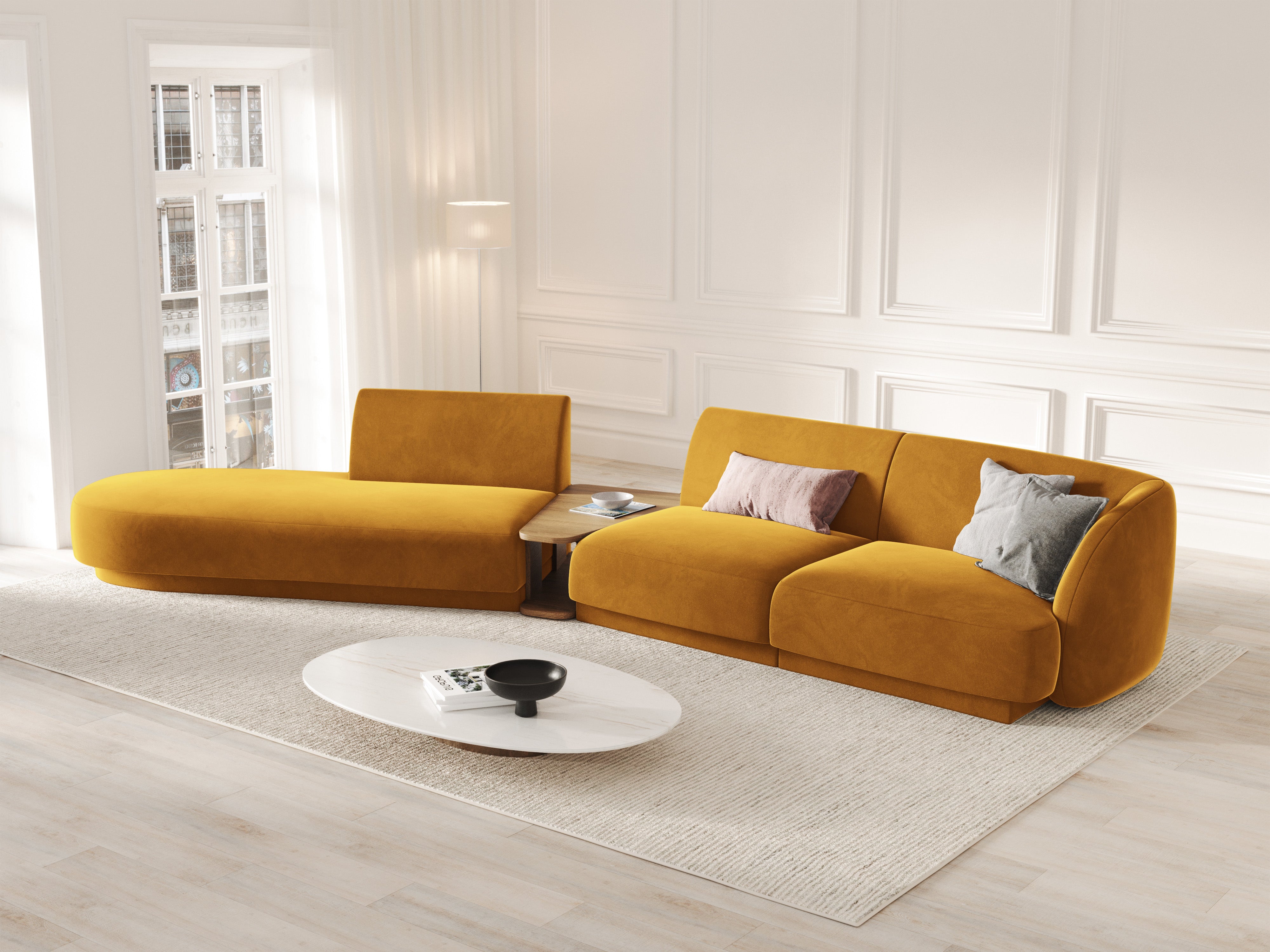 Left-sided modular sofa with table for 4 people in velvet MILEY yellow