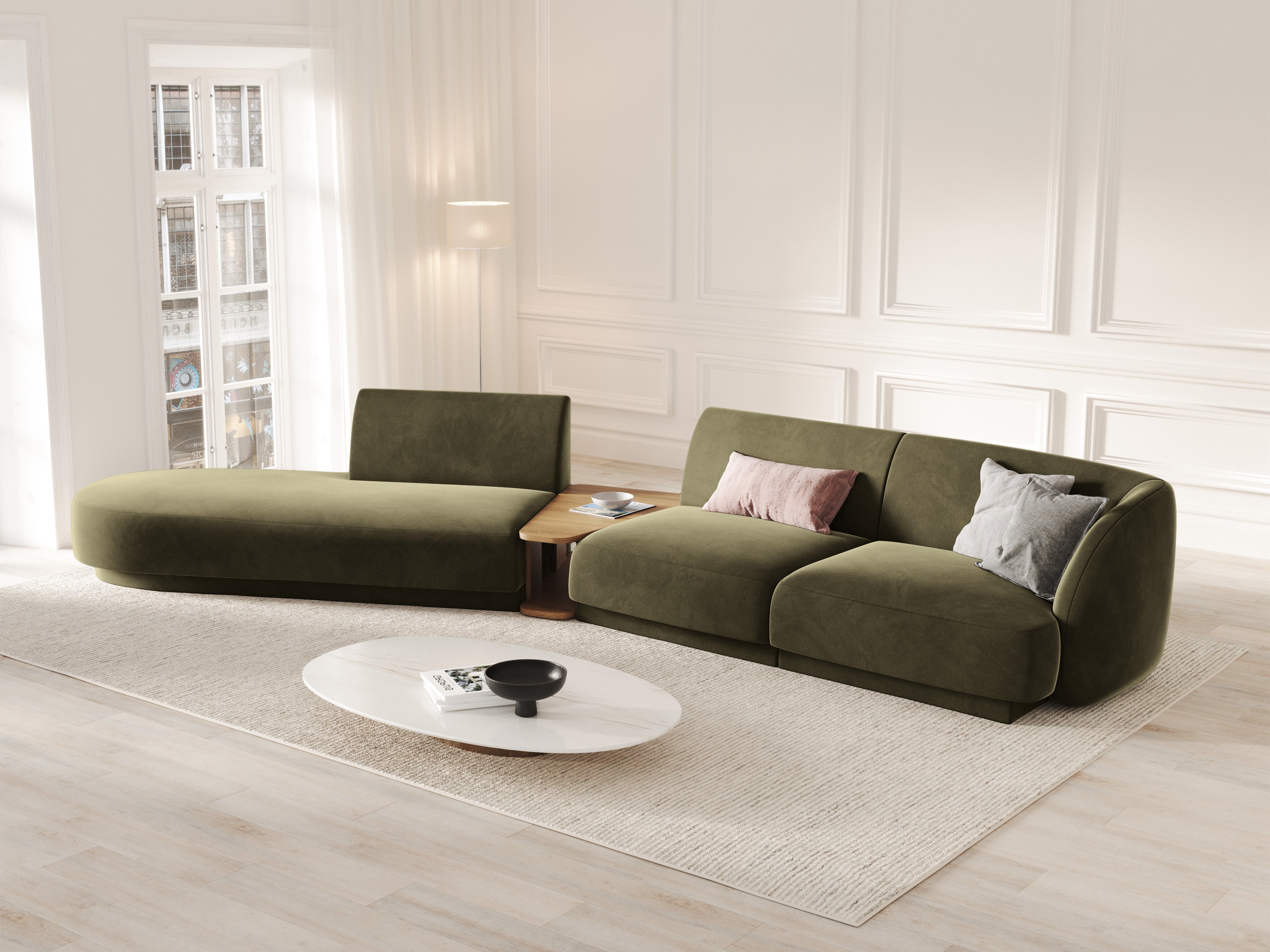Left-sided modular sofa with table for 4 people, velvet MILEY green