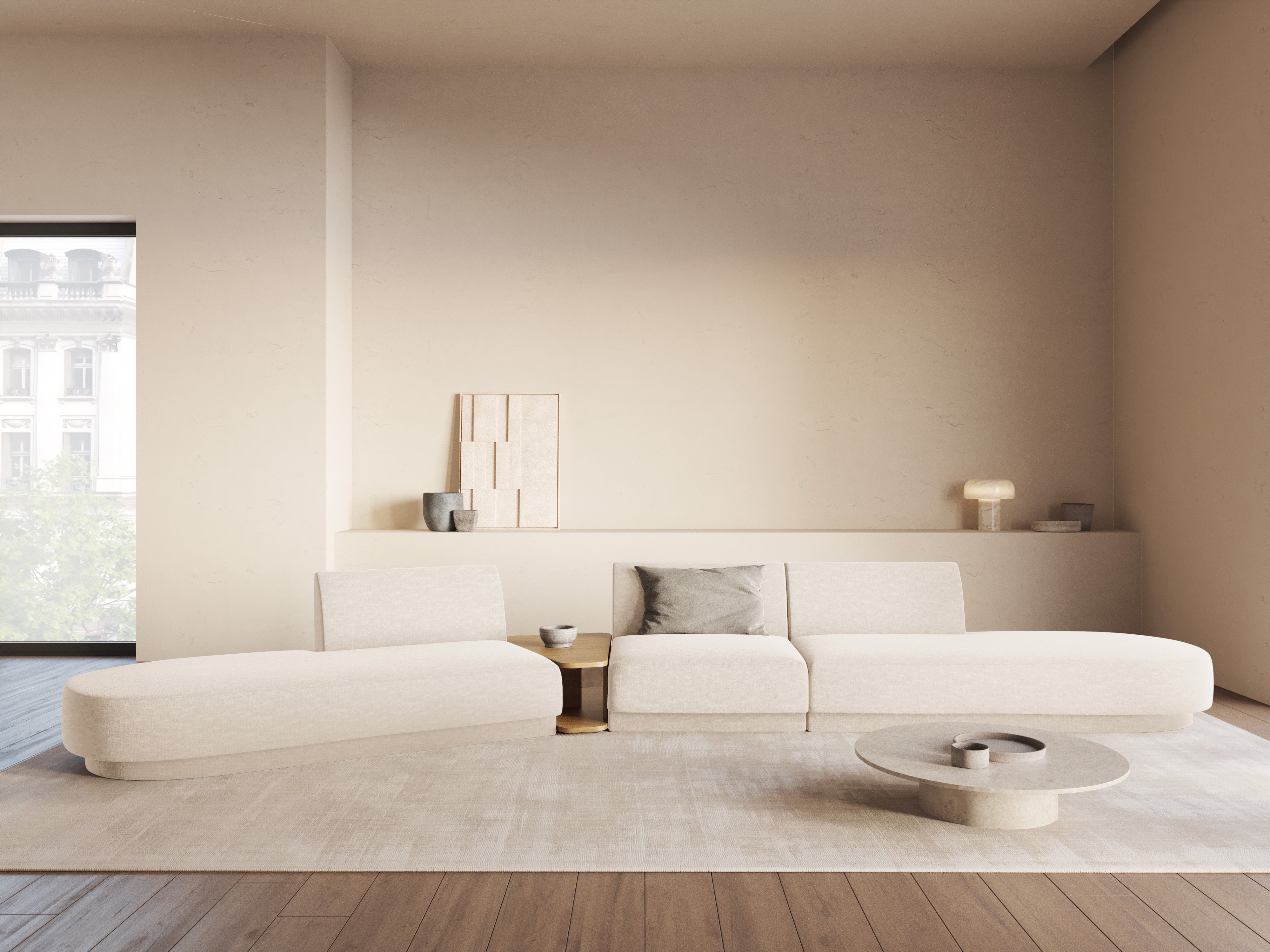 Modulární pohovka levostranná se stolkem pro 5 osob MILEY slonová kost šenil