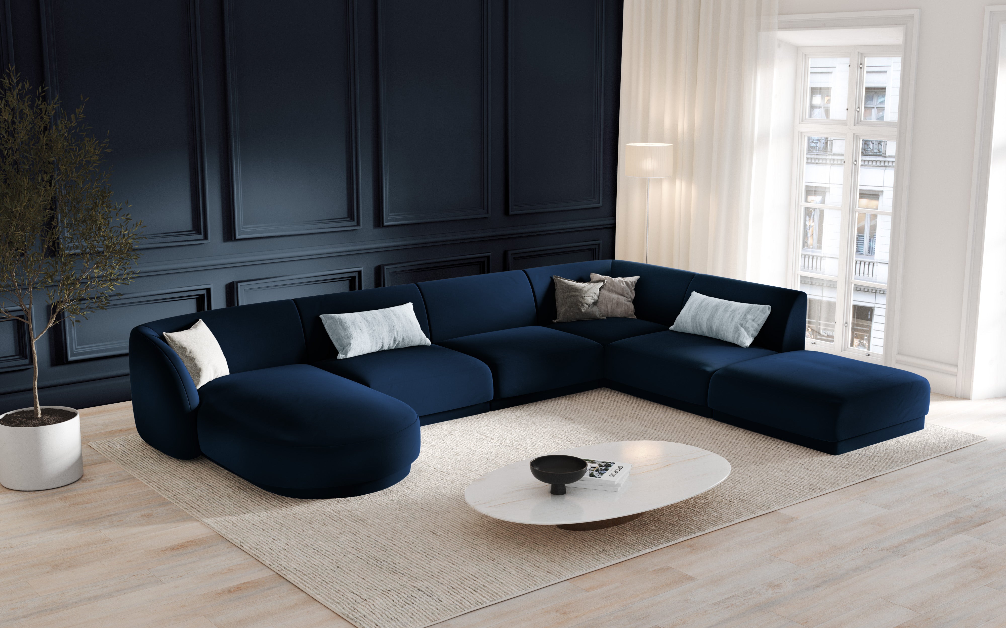 Left-facing modular velvet sofa for 6 people MILEY royal blue