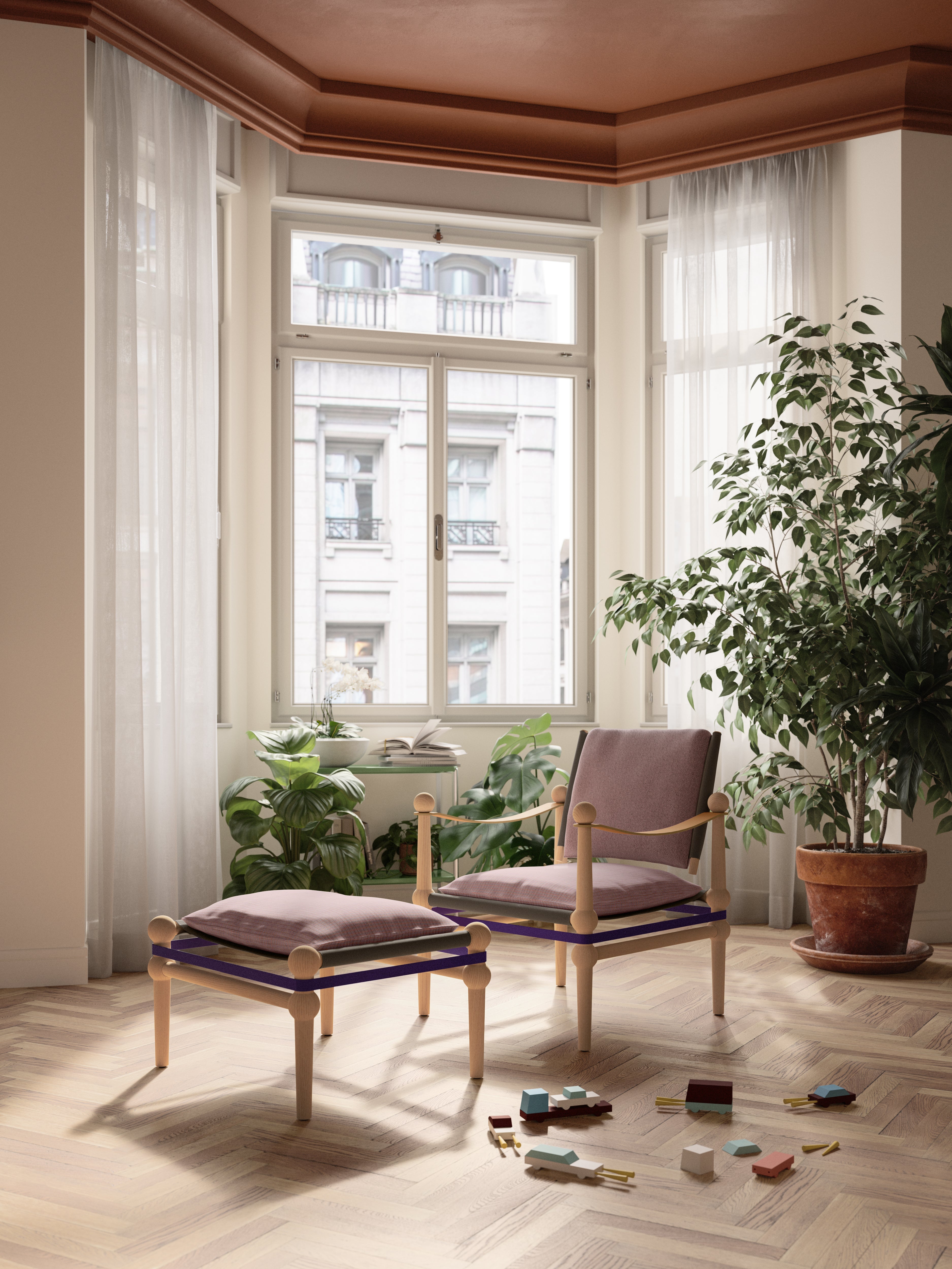 Křeslo TWAIN modré s jasným bukovým podstavcem