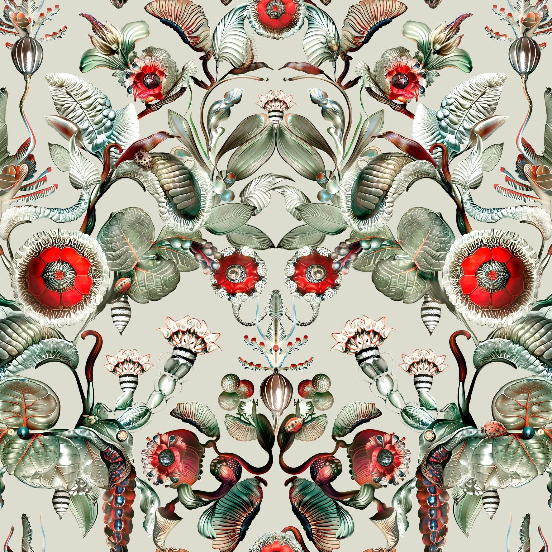 Tapeta tekstylna z motywem roślinnym COCCINELLA BELLA szary z zielonym