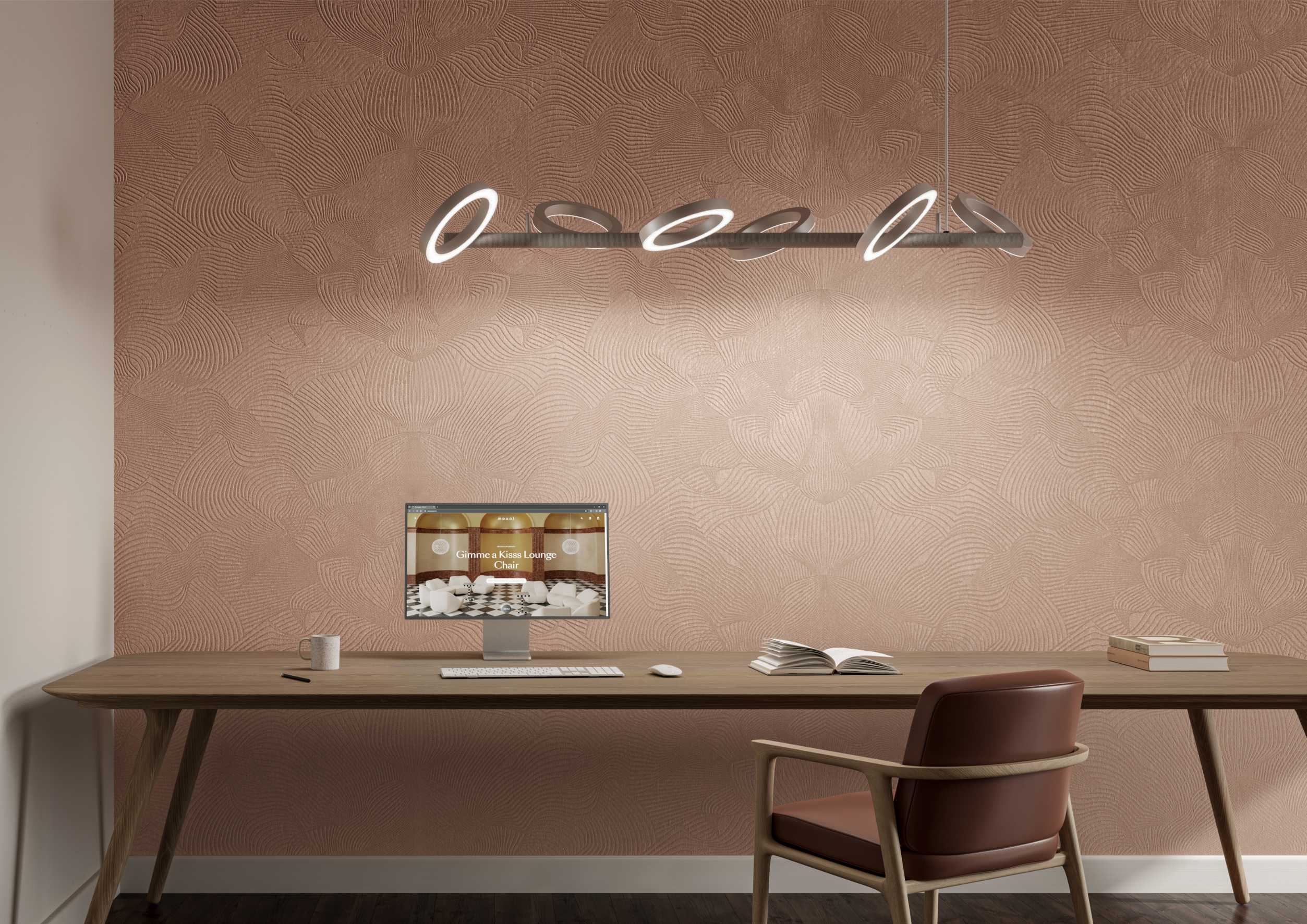 Textile wallpaper with an abstract moiré pattern TECHNO BEE in muted pink