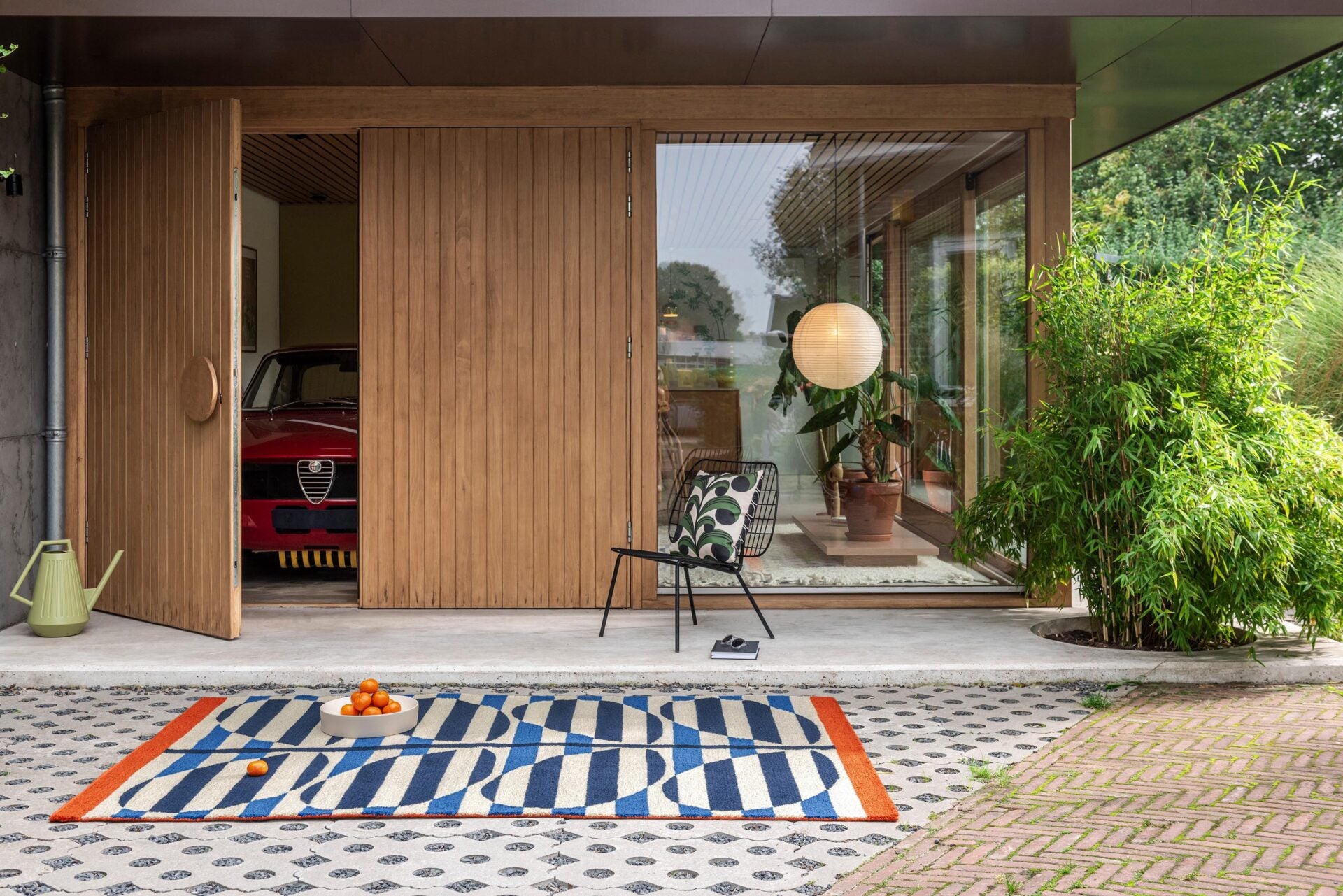 Outdoor rug STRIPY STEM AZURE blue with beige and orange