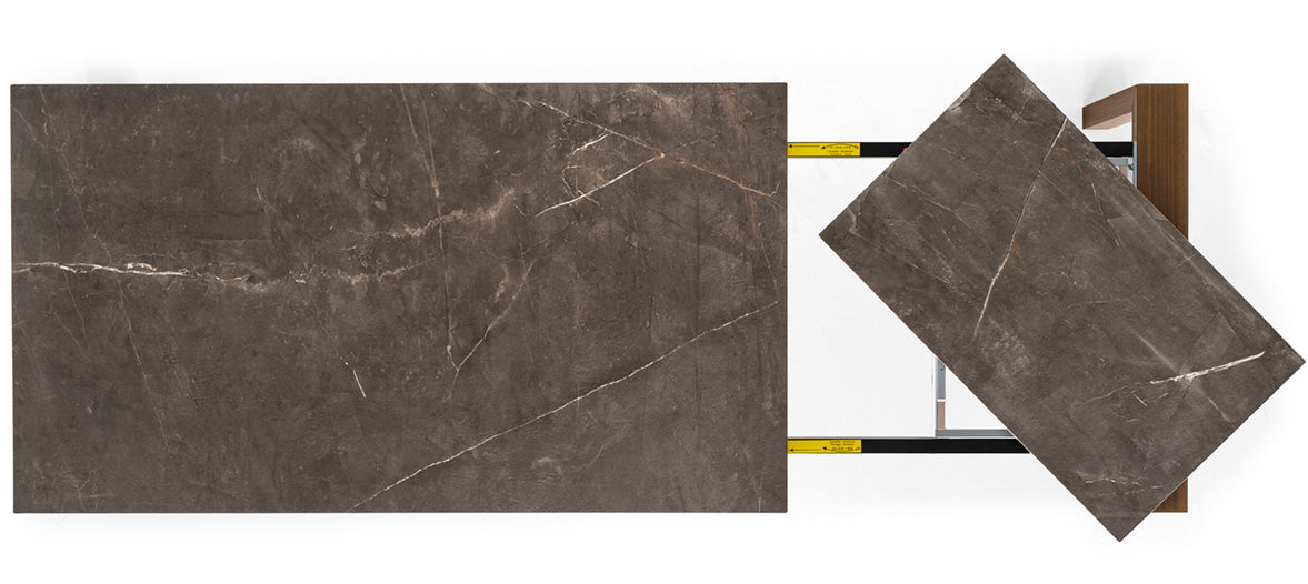 Rozkládací stůl OMNIA šedá deska s tmavým dřevěným podstavcem