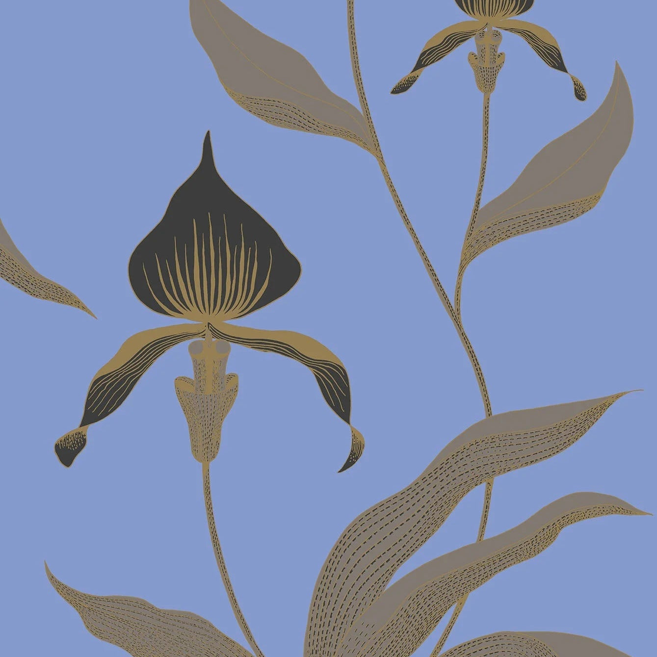 Wallpaper with a plant motif of orchids CONTEMPORARY COLLECTION - ORCHID blue with gold