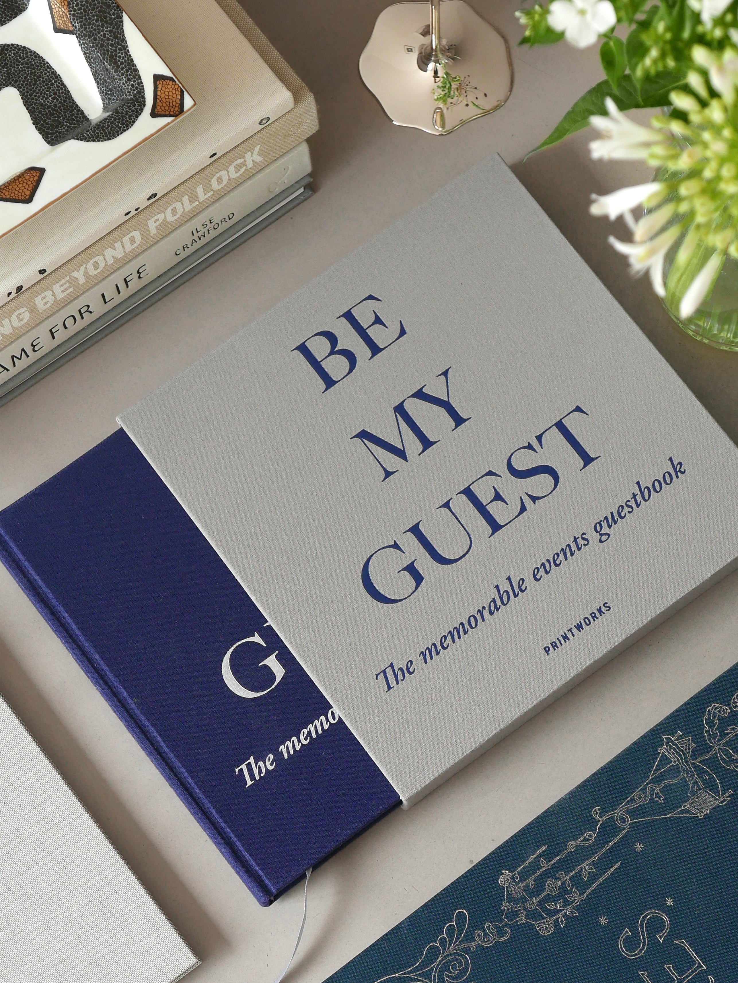 BE MY GUEST Guest Book Gray with Navy Blue