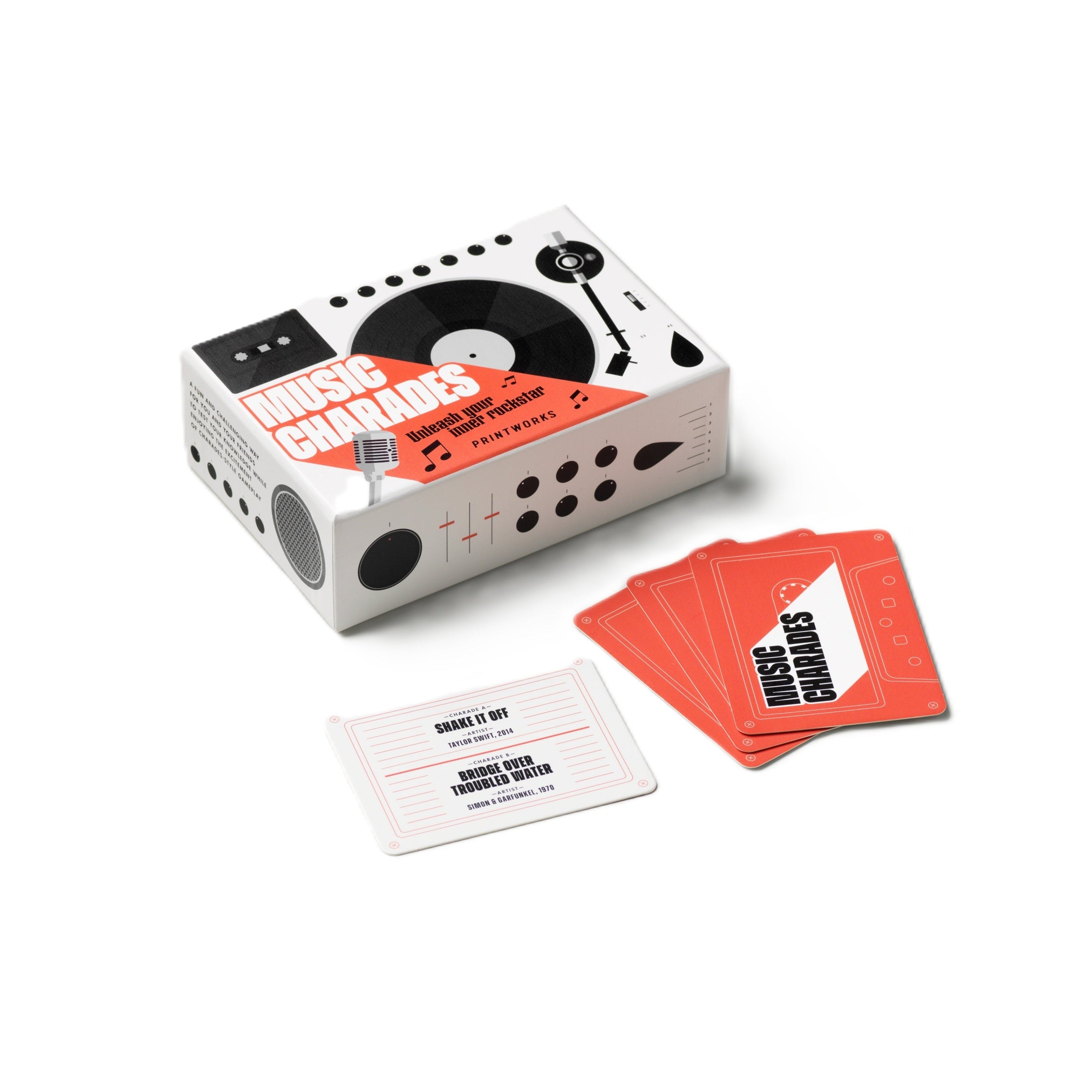Music Charades Game in White with Black and Red
