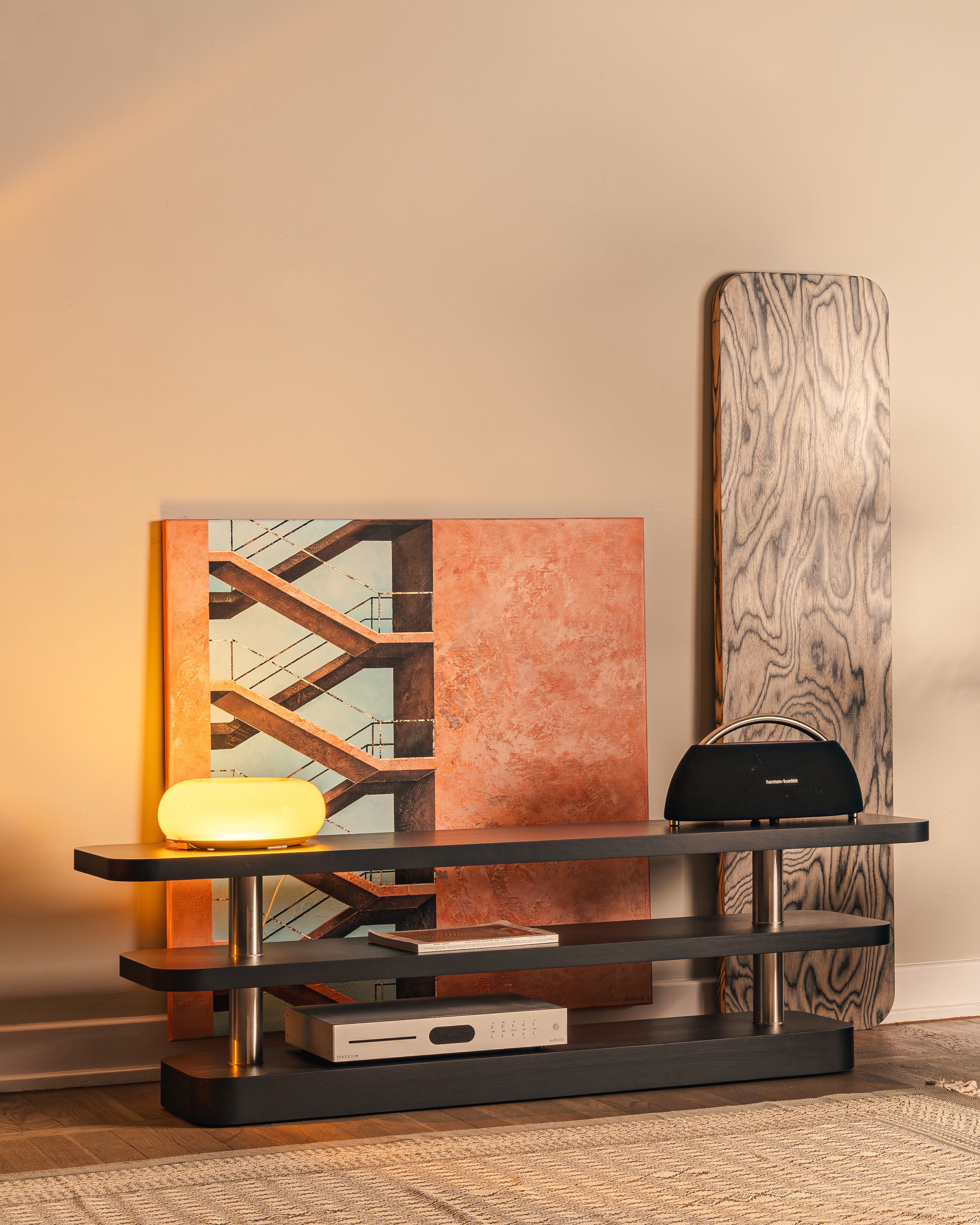 Szafka RTV REL kruczoczarny fornir ze stalowymi elementami