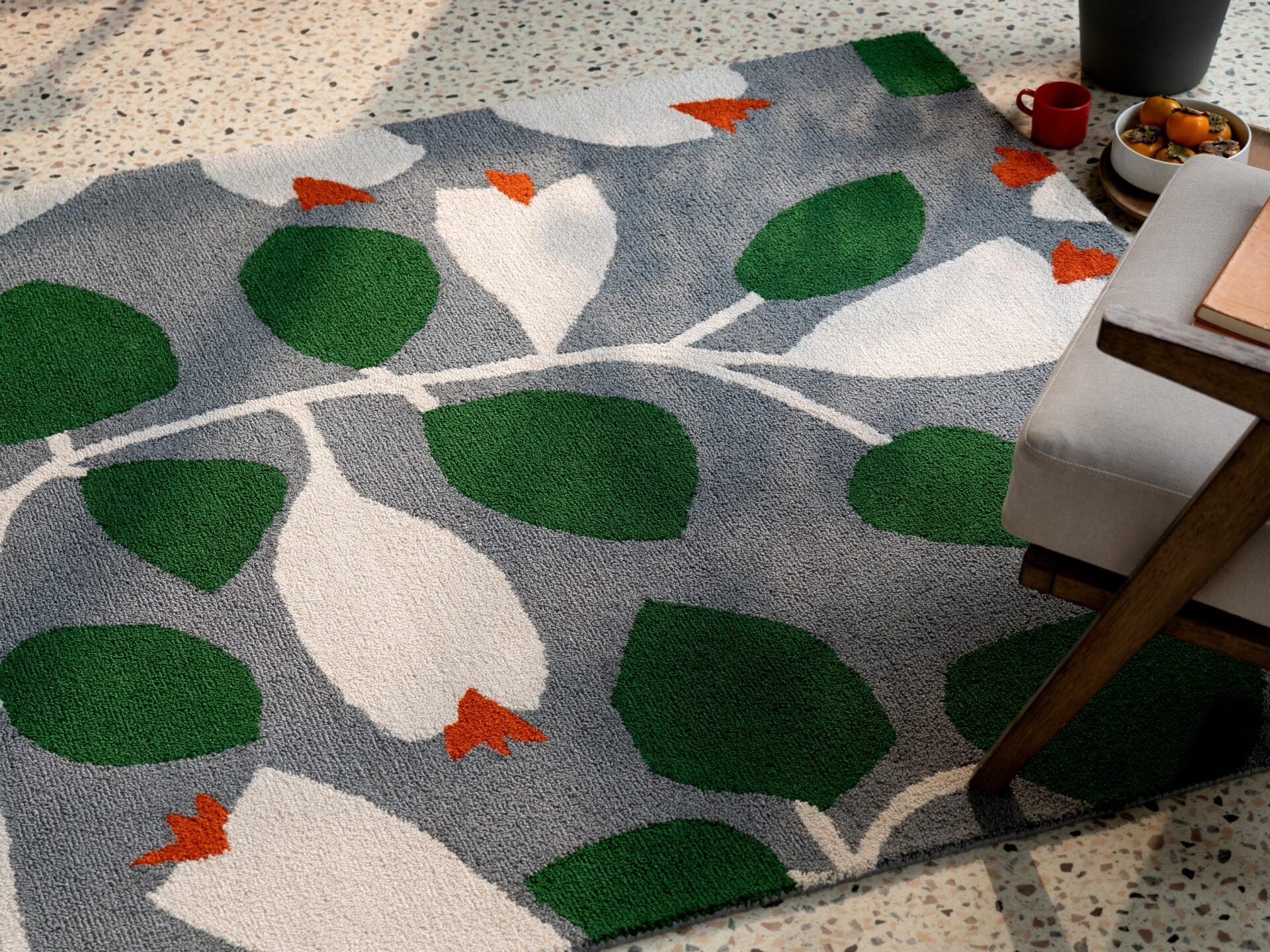 Outdoor rug ROSEHIP gray with beige flowers