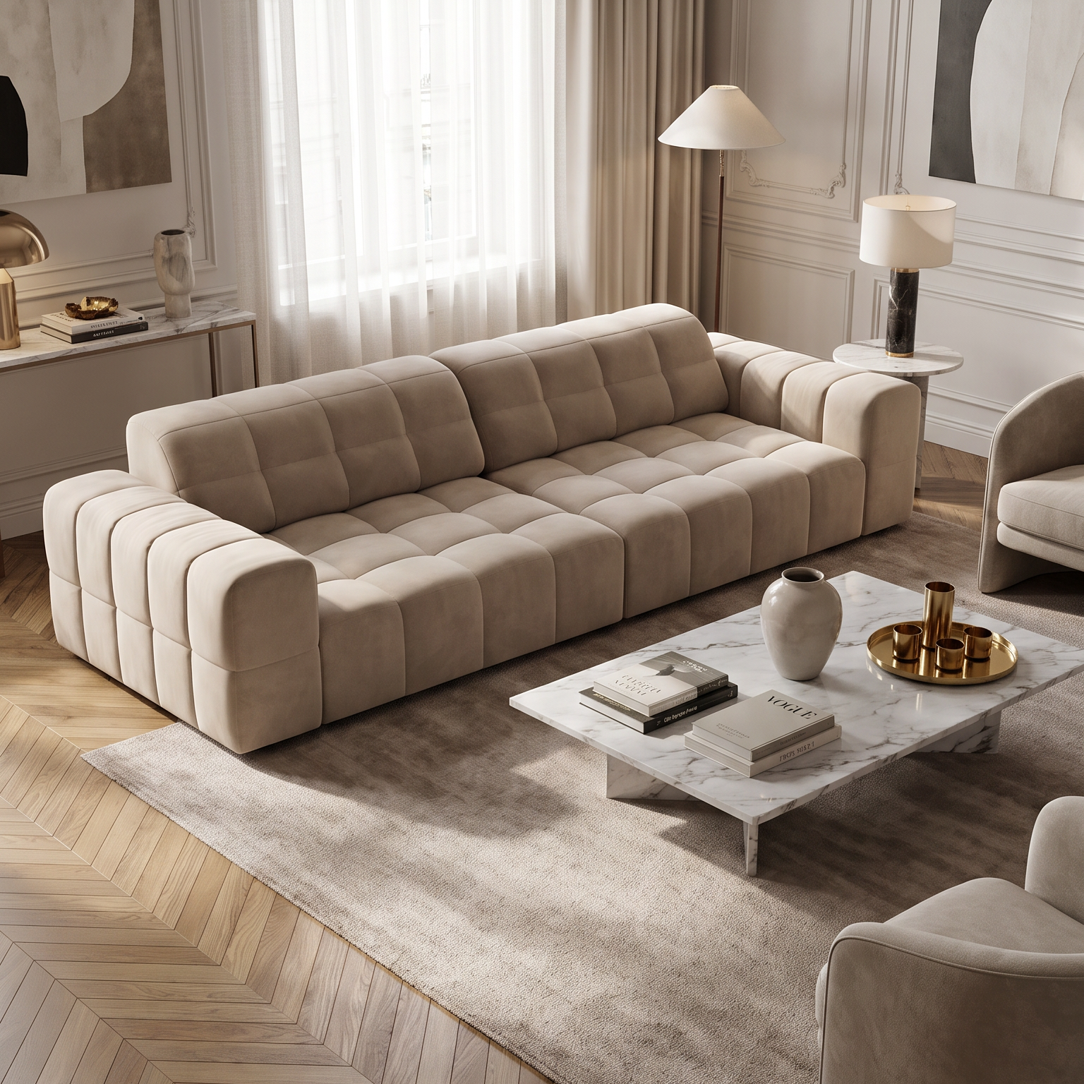 Sofa aksamitná 4-osobová JENNIFER tmavě béžová