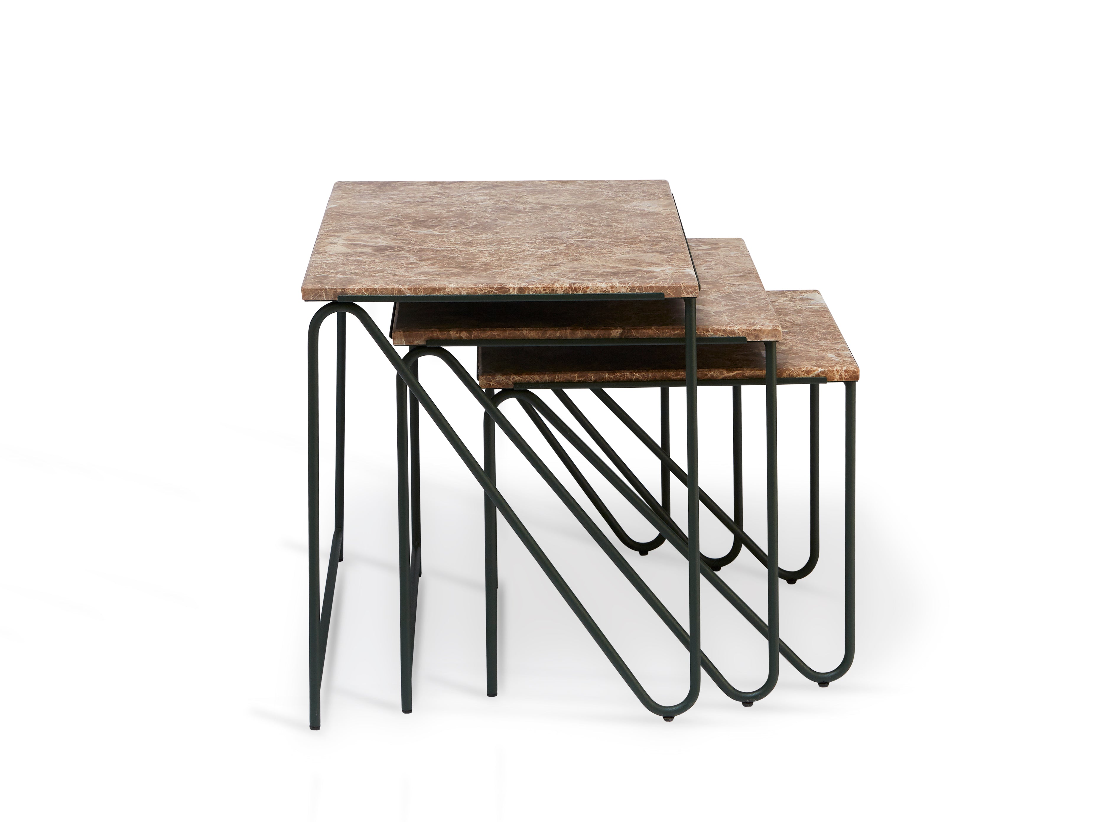 Zestaw stolików kawowych TRIPTYCH brązowy marmur z zieloną podstawą