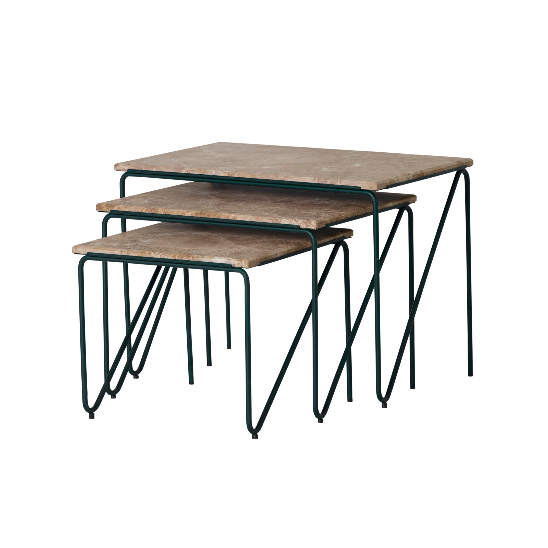 Zestaw stolików kawowych TRIPTYCH brązowy marmur z zieloną podstawą