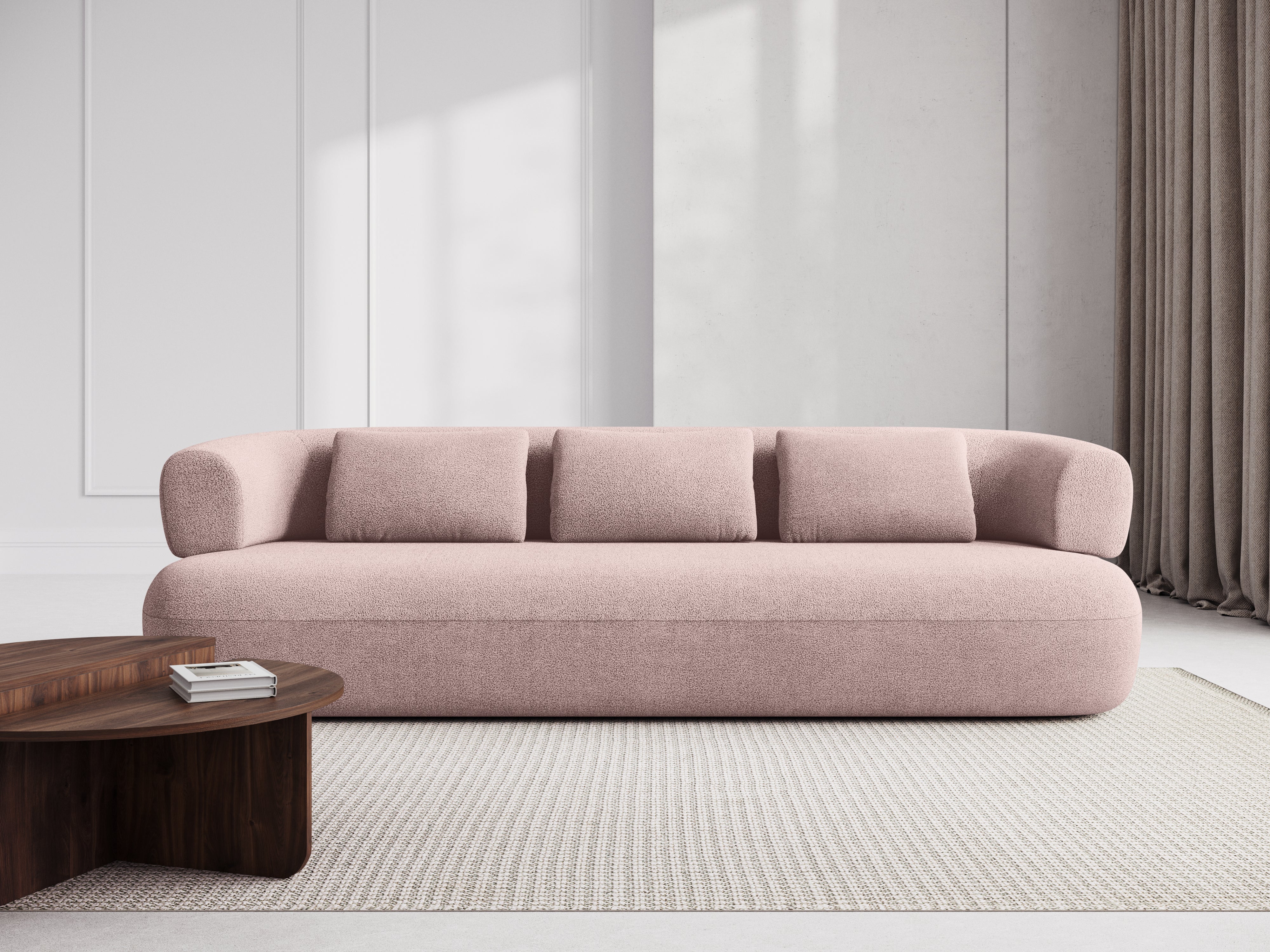 Sofa pro 3-4 osoby ALDRIN v pudrově růžovém bouclé.