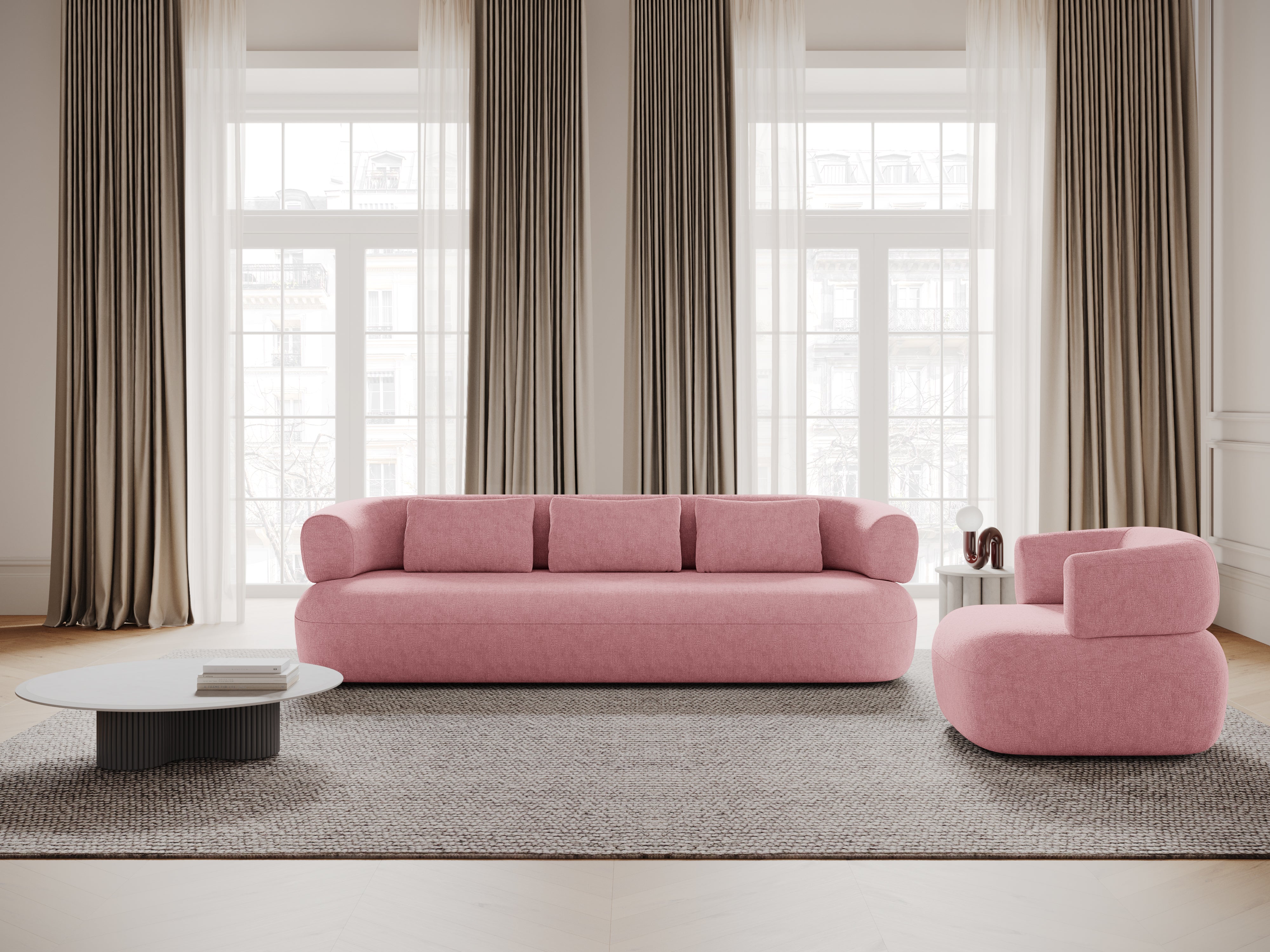 Sofa pro 3,5 osoby ALDRIN v růžovém šenilu