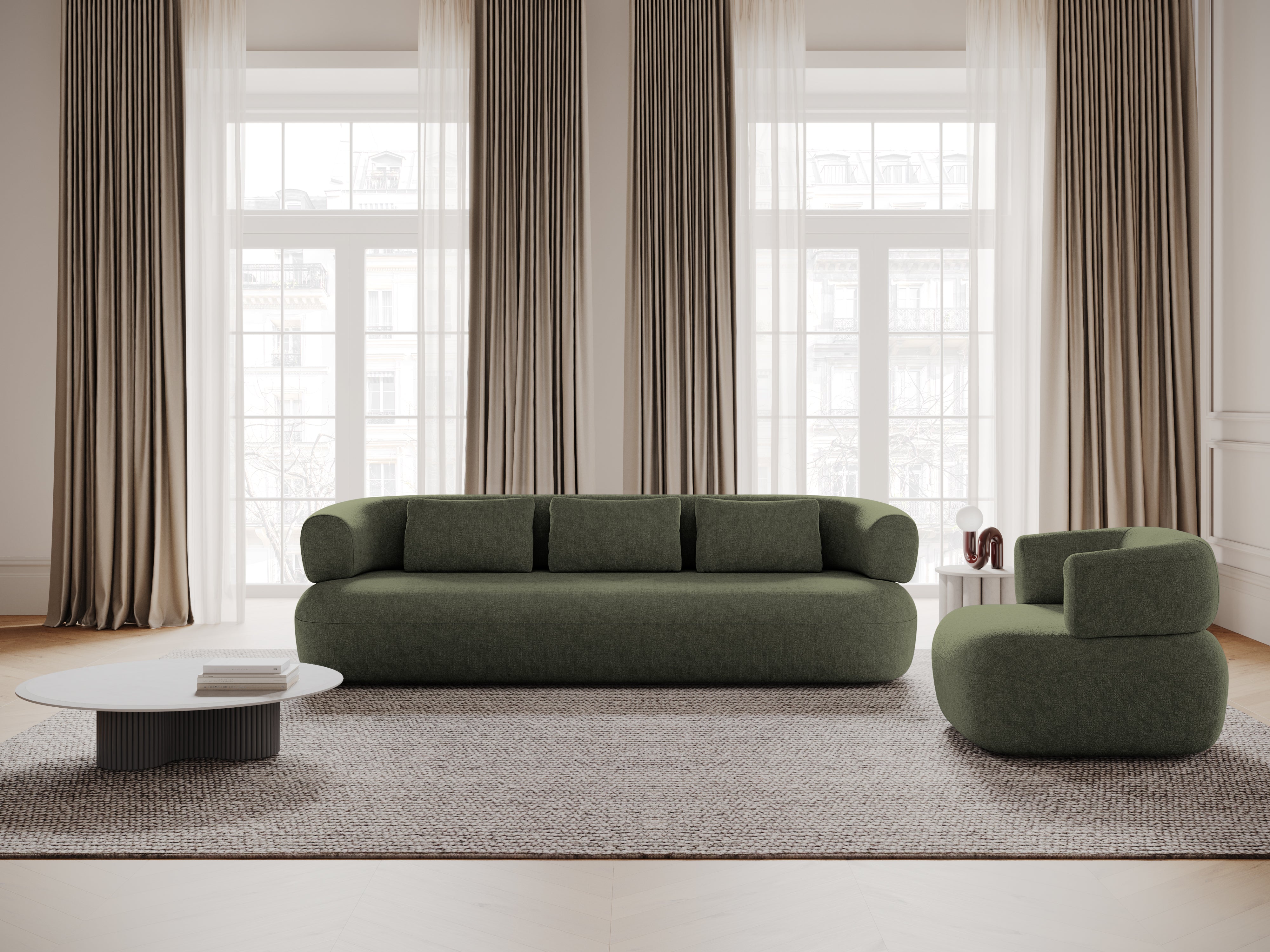 Sofa pro 3,5 osoby ALDRIN v zeleném šenilu