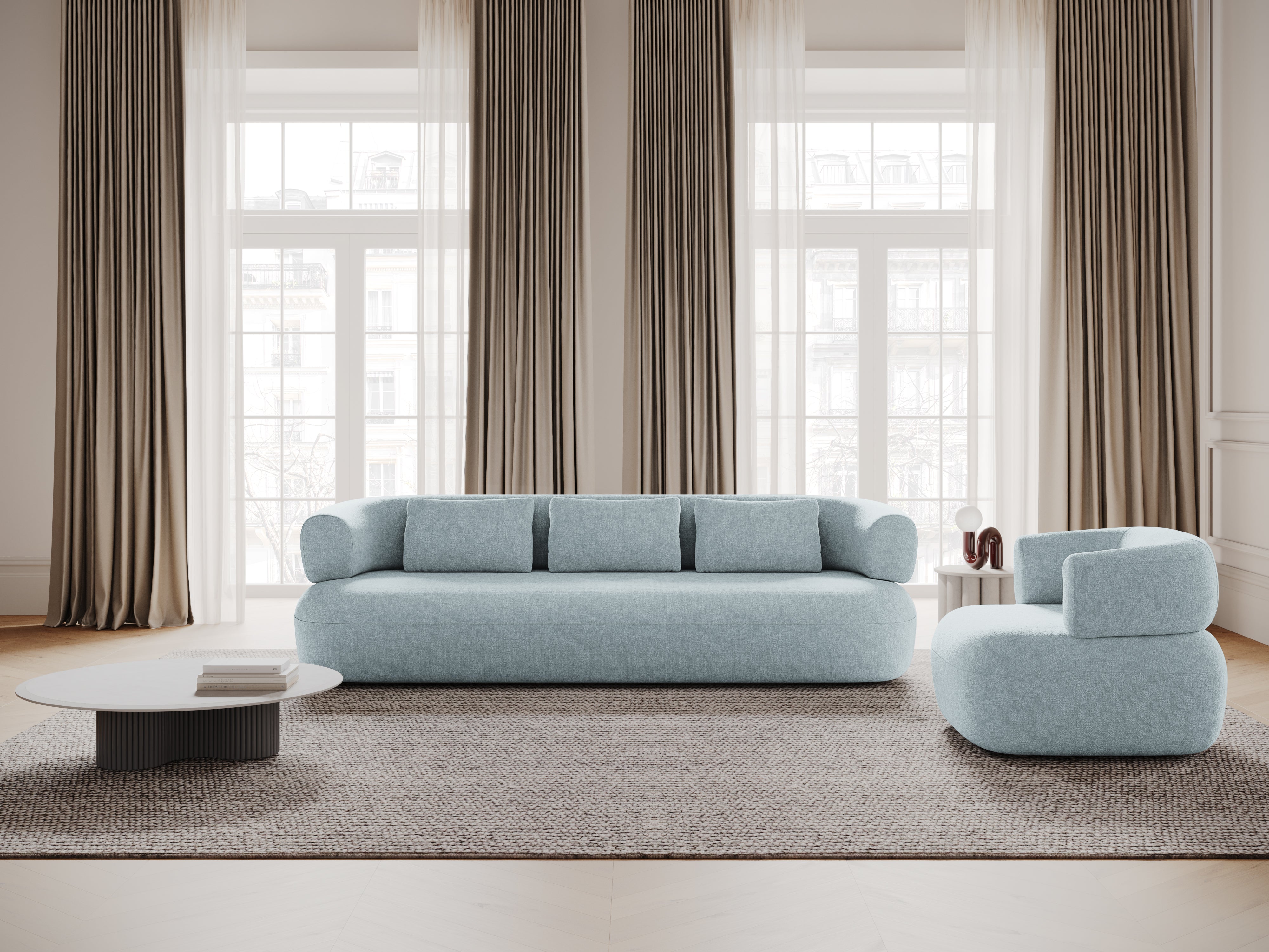 Sofa pro 3,5 osoby ALDRIN v modrém šenilu