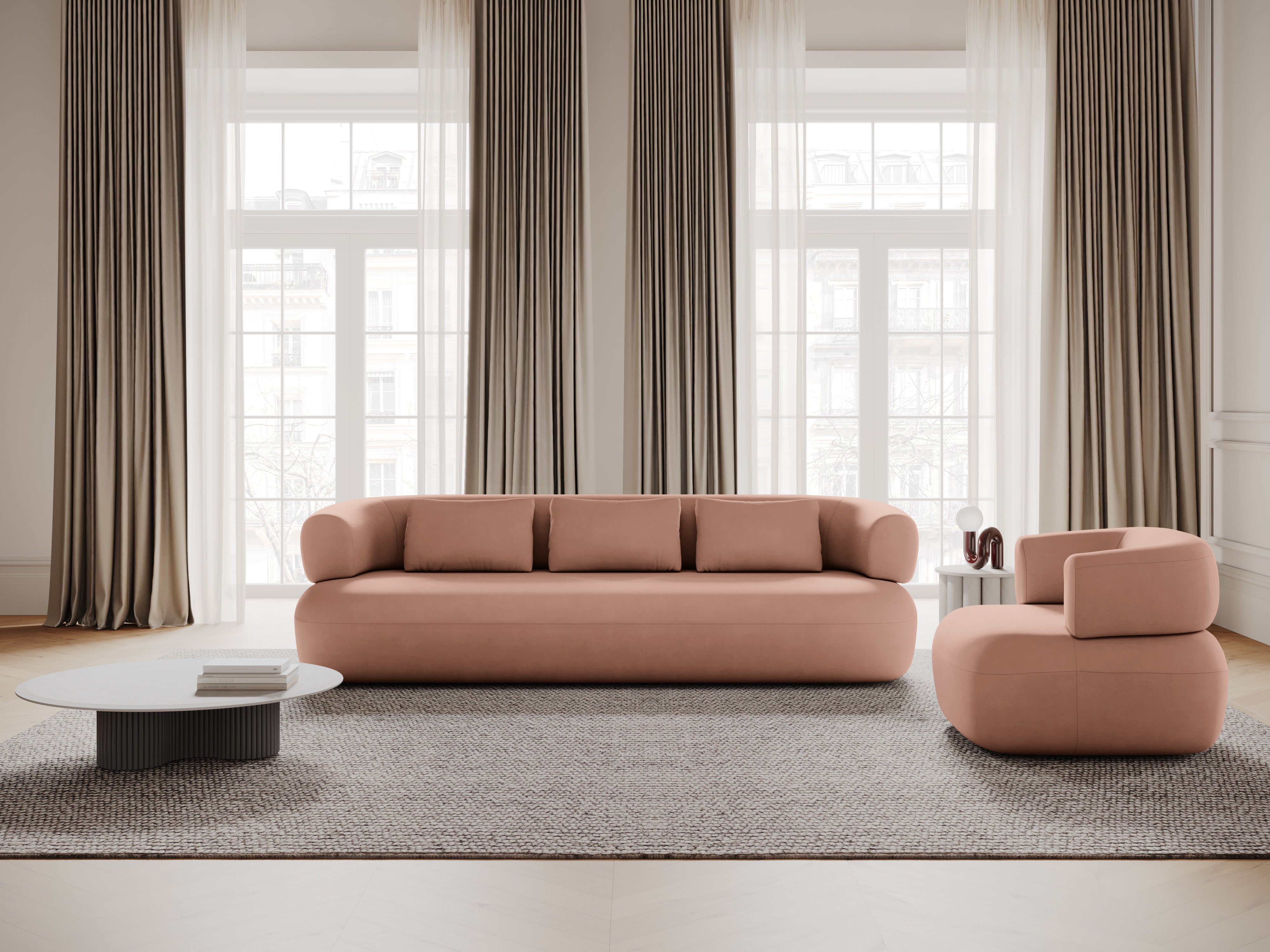 Sofa z aksamitného materiálu pro 4 osoby ALDRIN v růžové barvě
