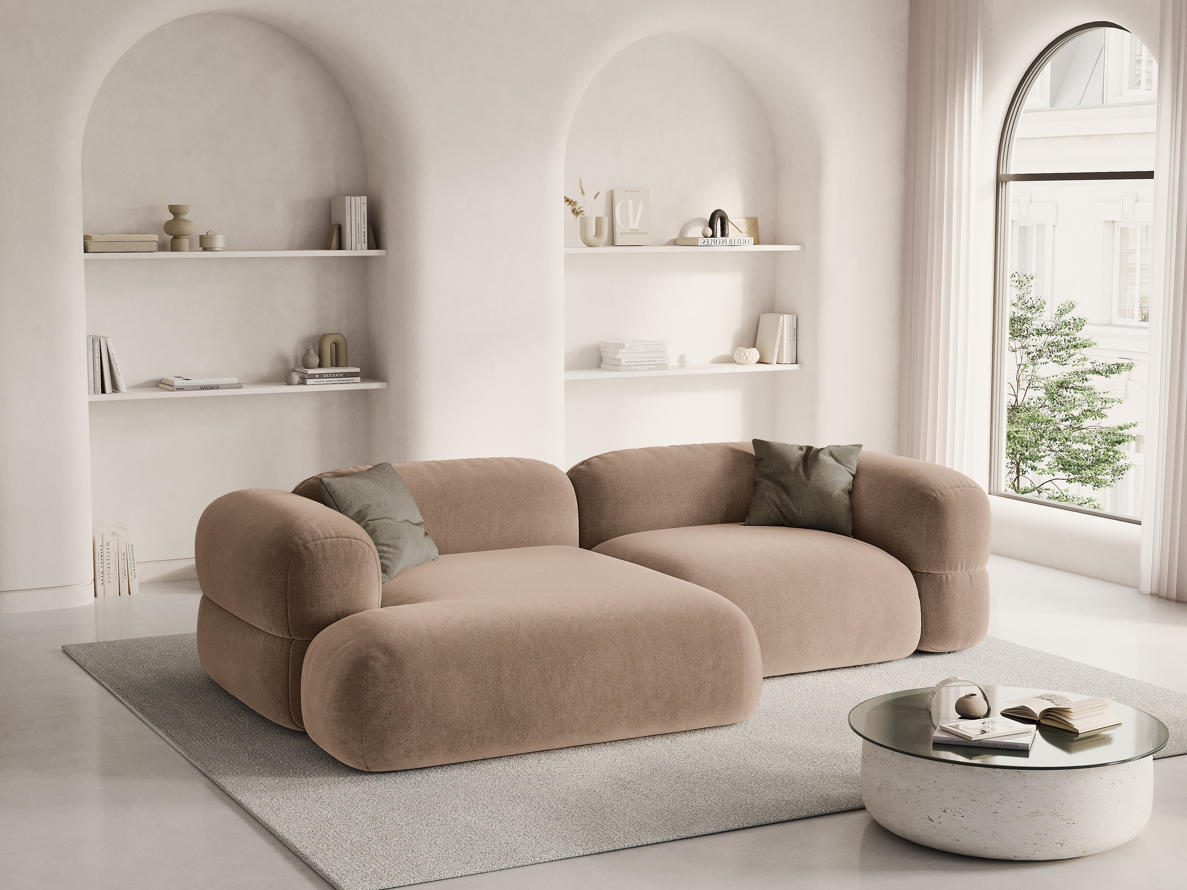 Left-facing velvet corner sofa ROGER in dark beige