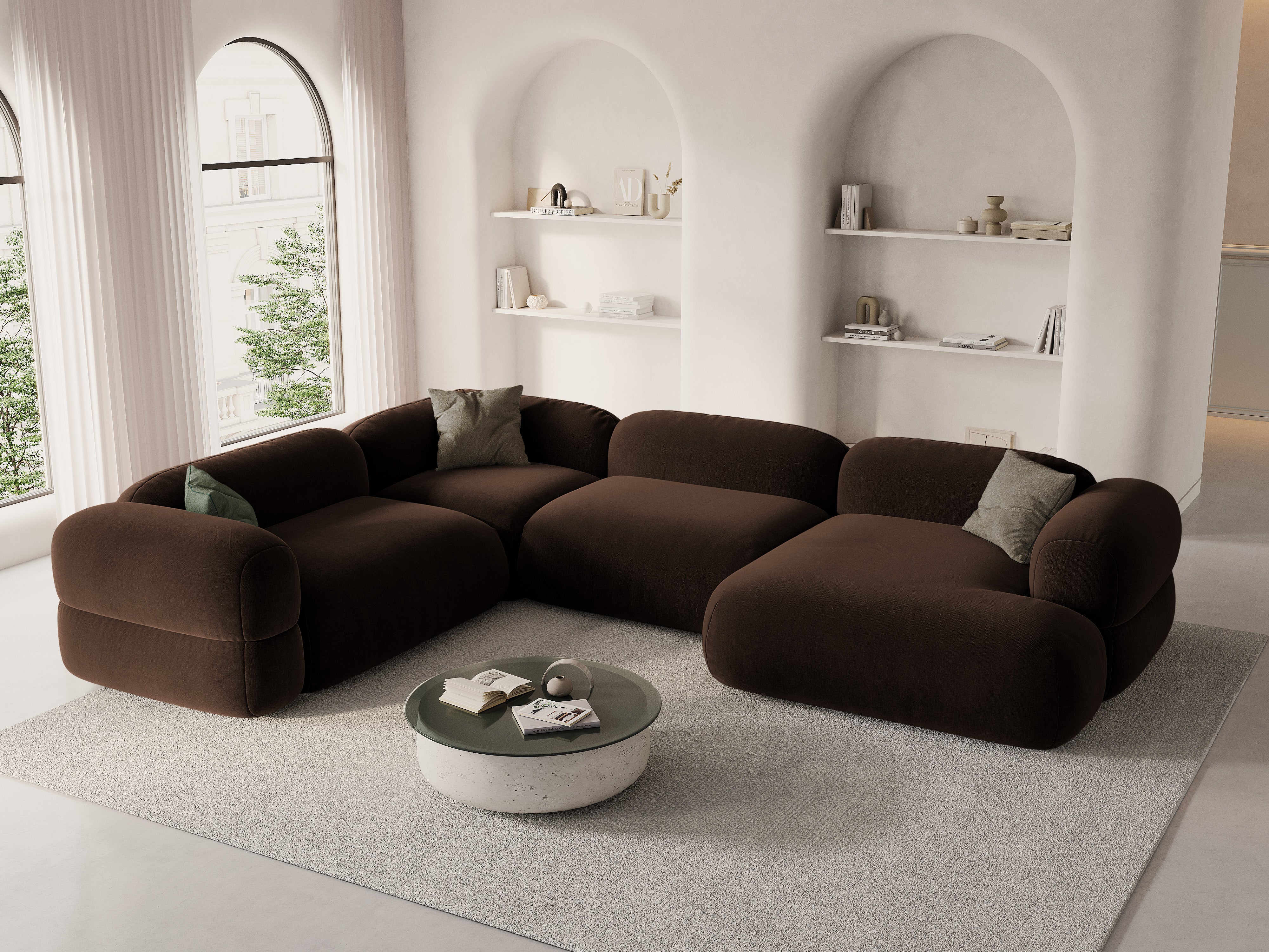 Sametový rohový gauč ve tvaru U levý ROGER čokoládový