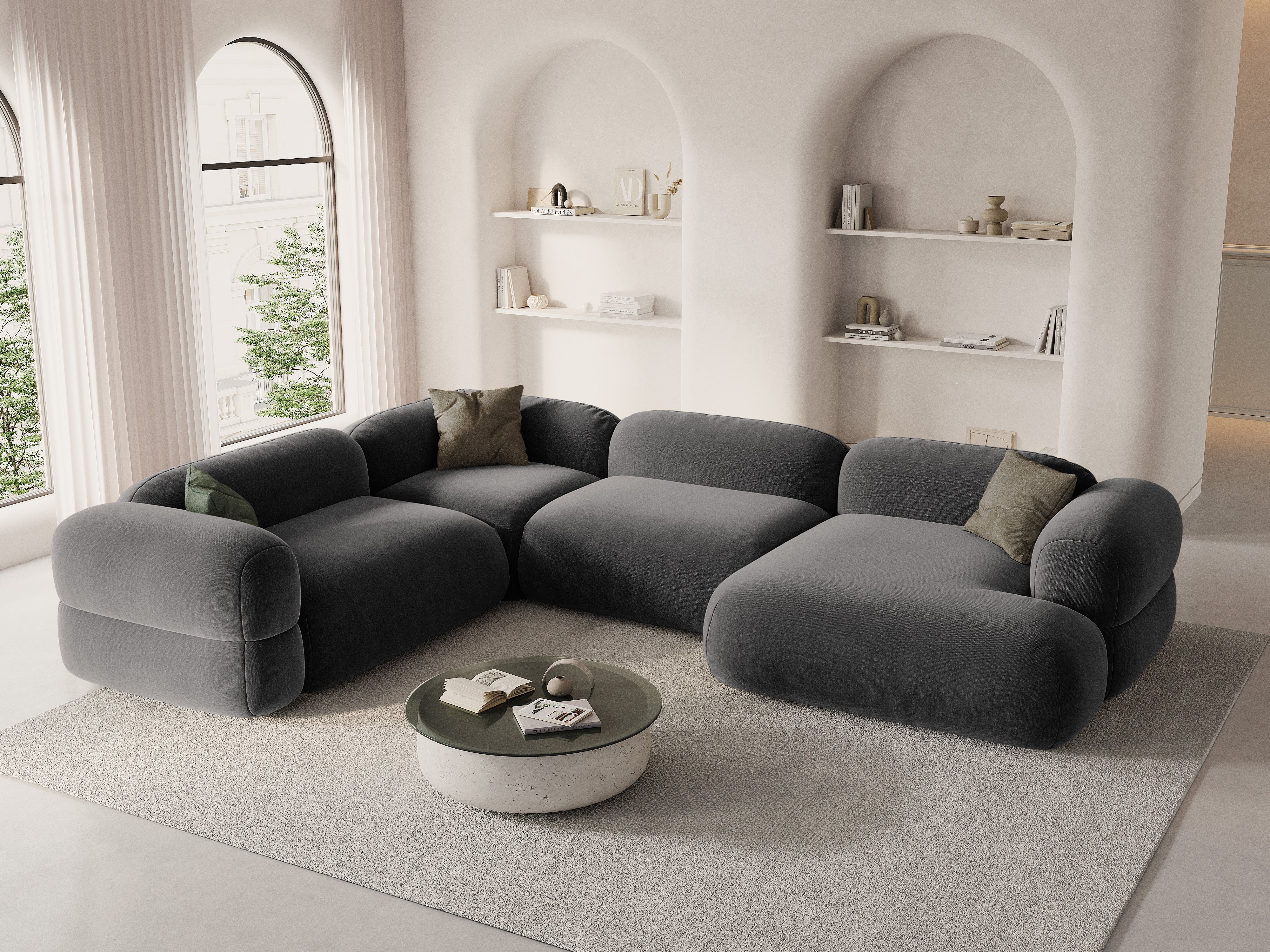 Left-facing U-shaped velvet corner sofa ROGER gray