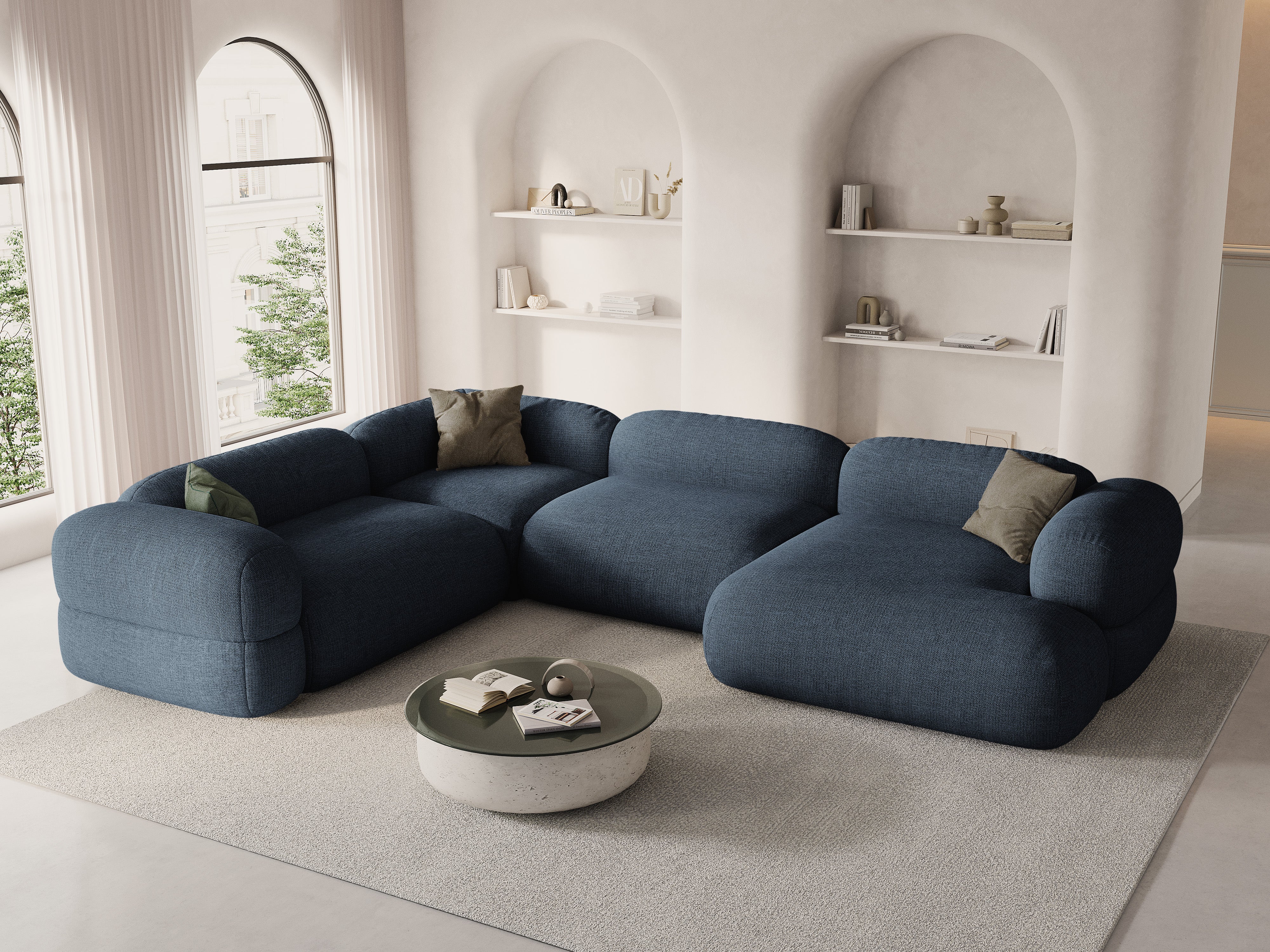 Left-facing U-shaped sofa ROGER dark blue chenille