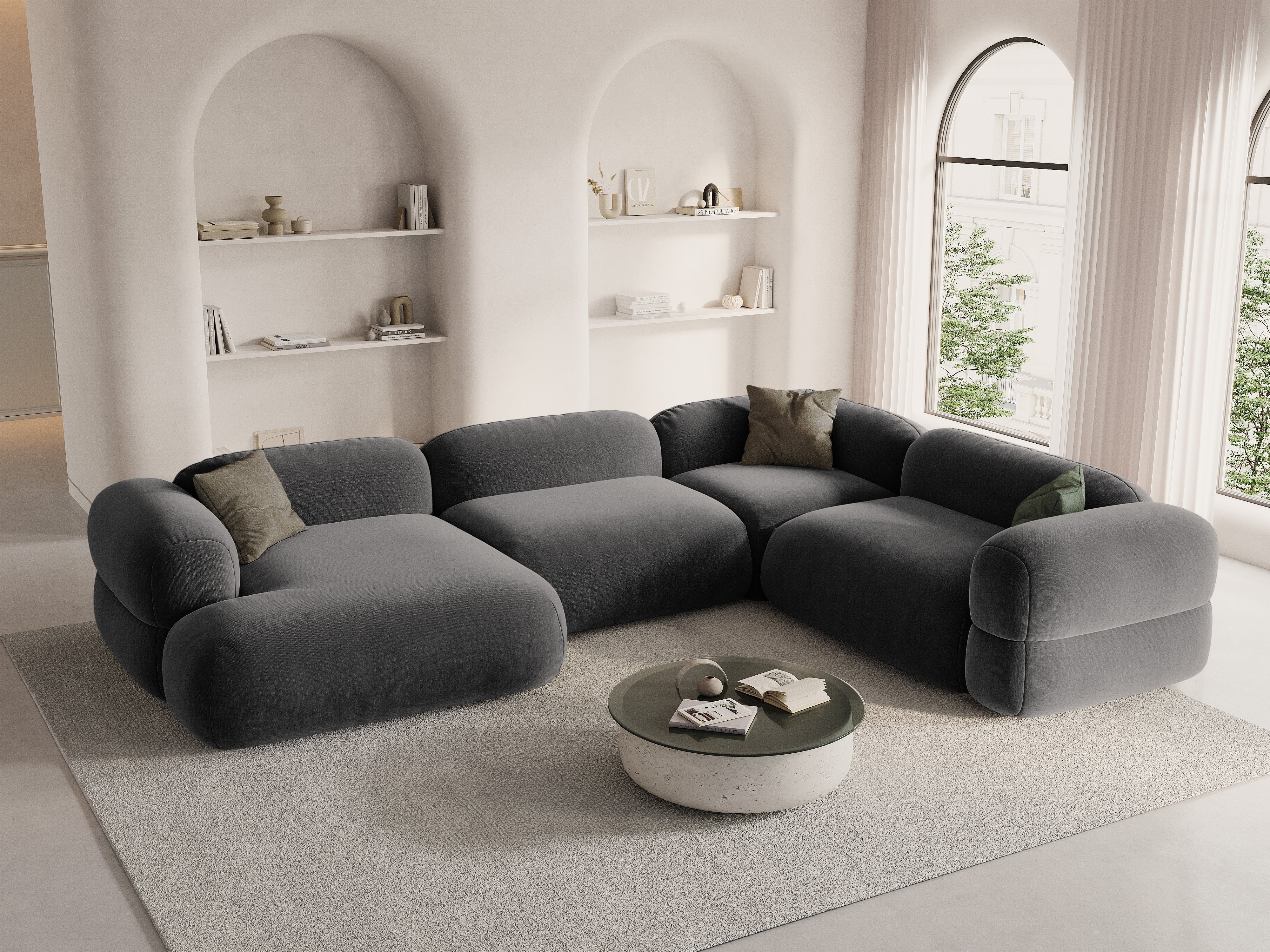 Sametový rohový gauč ve tvaru U pravý ROGER šedý