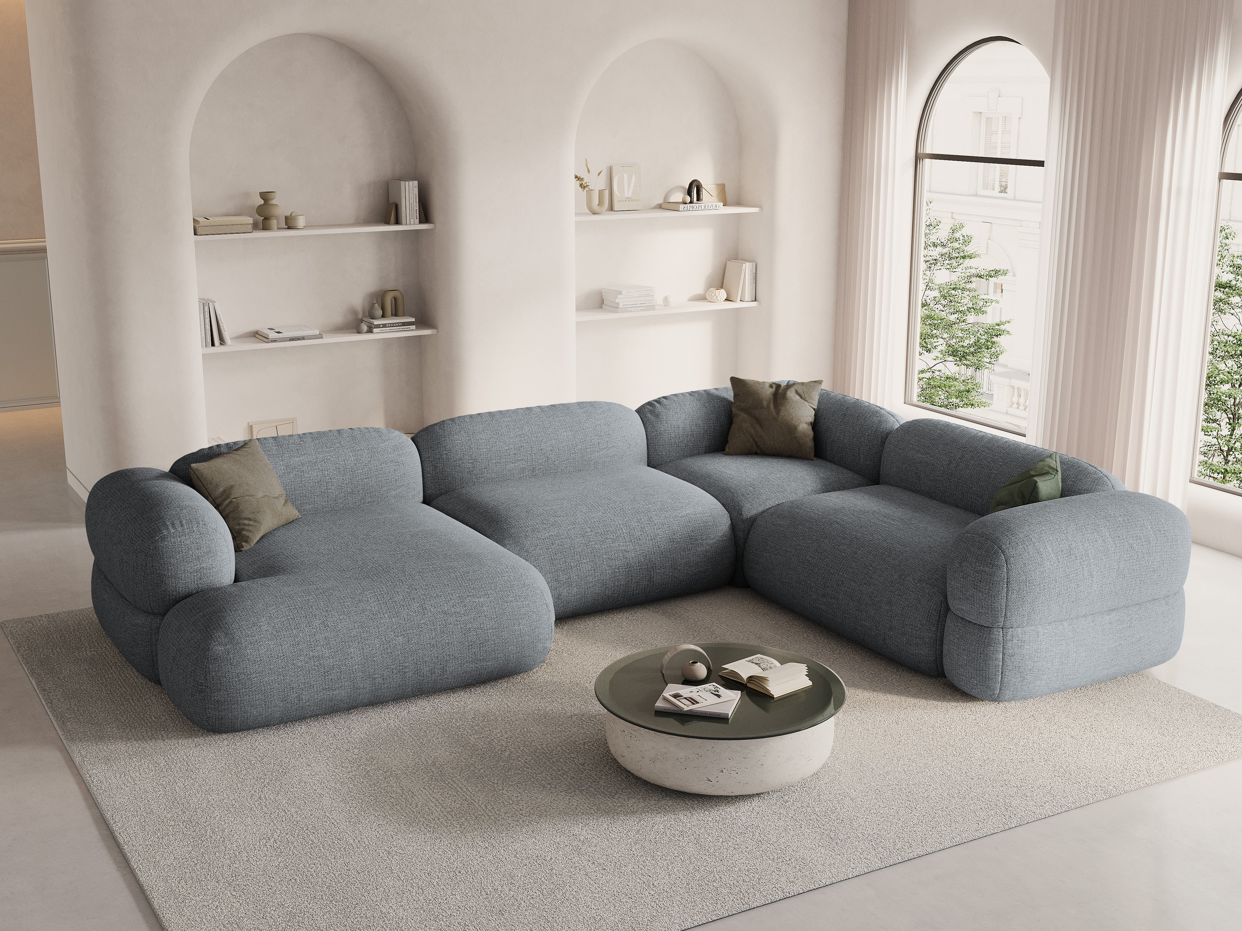 Rohová sedačka ve tvaru U pravostranná ROGER šedý šenil