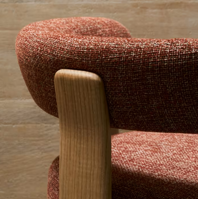 Granite Armchair with Armrests in Red Chenille with Ash Base
